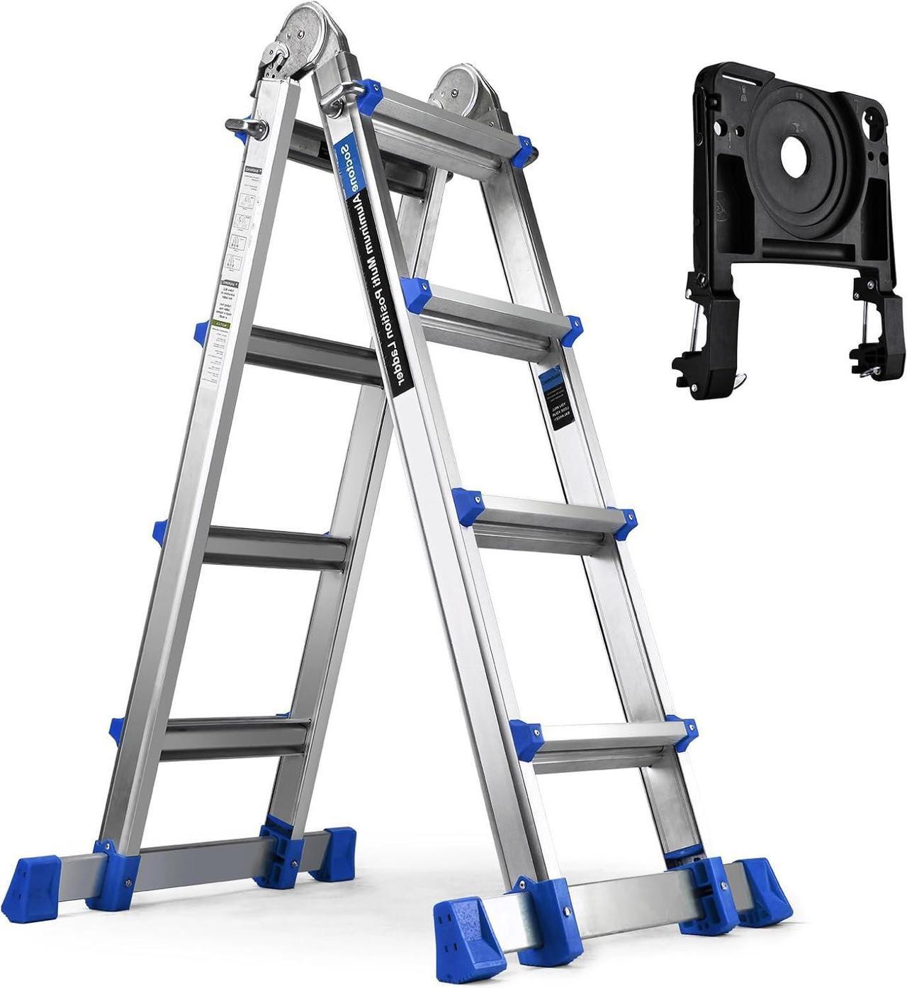 Main image of HBTower Ladder, A Frame 4 Step Extension Ladder, 14 Ft Multi Position Ladder with Removable Tool Tray and Stabilizer Bar, 330 lbs Capacity Telescoping Ladder for Household and Outdoor Work
