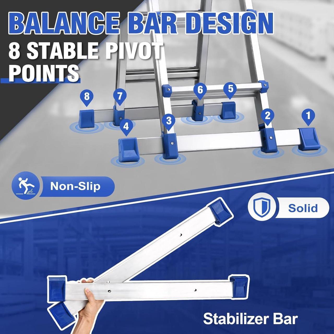 Alt view image 2 of 7 - HBTower Ladder, A Frame 4 Step Extension Ladder, 14 Ft Multi Position Ladder with Removable Tool Tray and Stabilizer Bar, 330 lbs Capacity Telescoping Ladder for Household and Outdoor Work