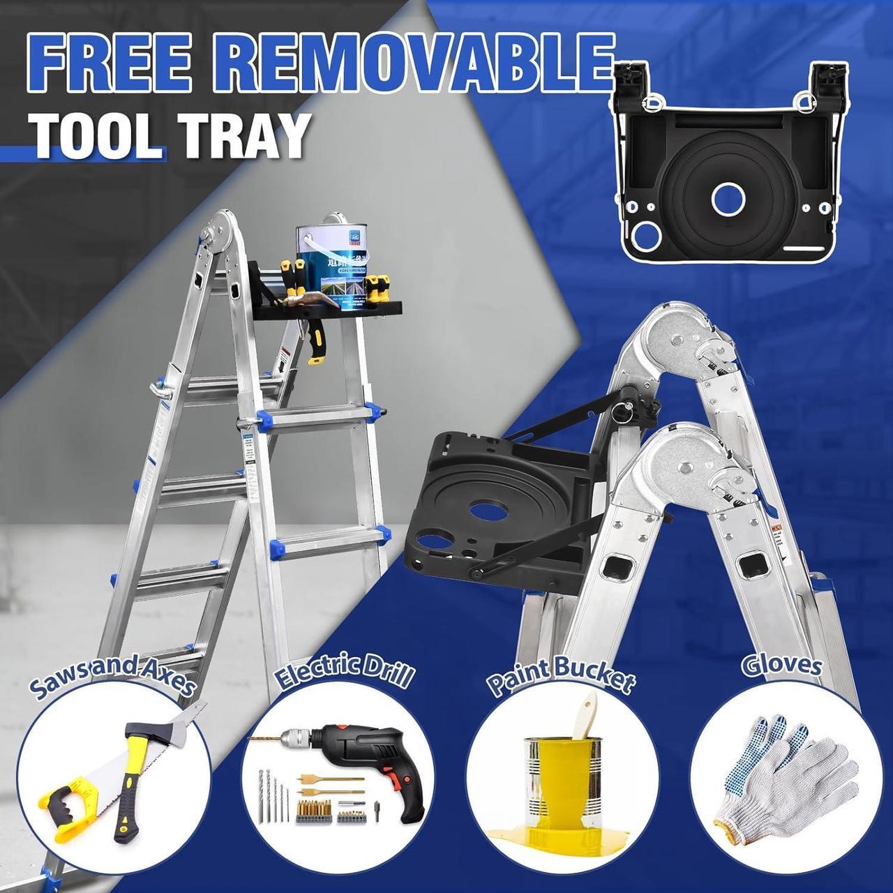 Alt view image 3 of 7 - HBTower Ladder, A Frame 4 Step Extension Ladder, 14 Ft Multi Position Ladder with Removable Tool Tray and Stabilizer Bar, 330 lbs Capacity Telescoping Ladder for Household and Outdoor Work