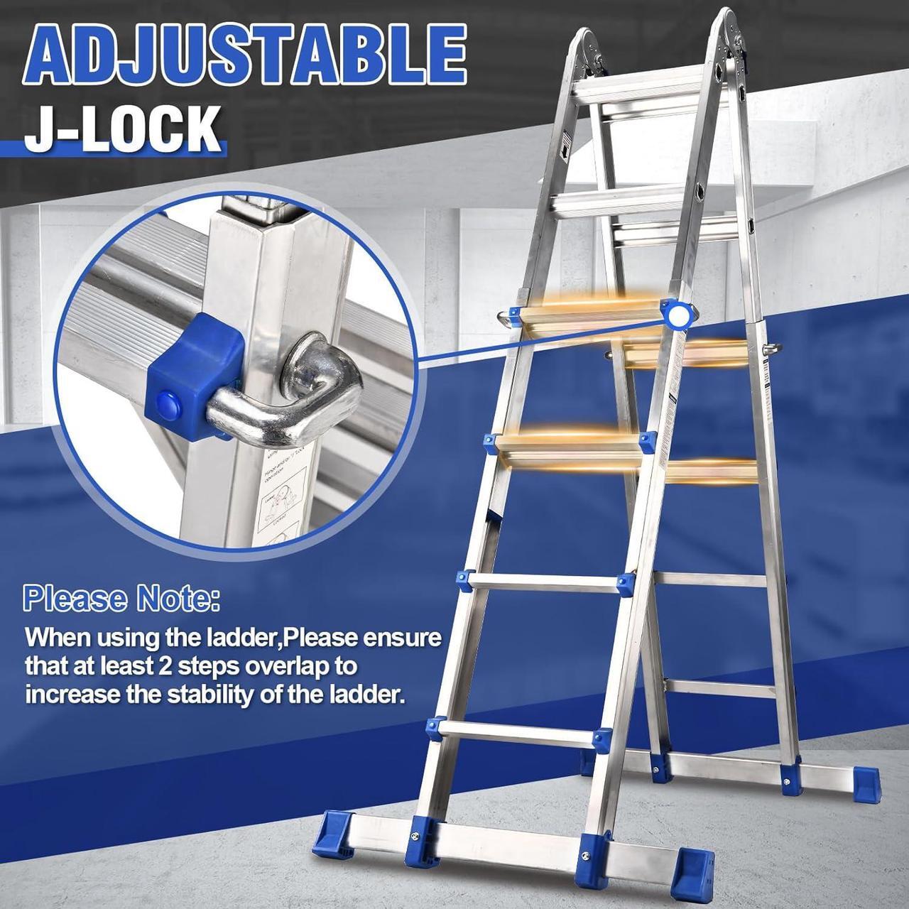 Alt view image 5 of 7 - HBTower Ladder, A Frame 4 Step Extension Ladder, 14 Ft Multi Position Ladder with Removable Tool Tray and Stabilizer Bar, 330 lbs Capacity Telescoping Ladder for Household and Outdoor Work