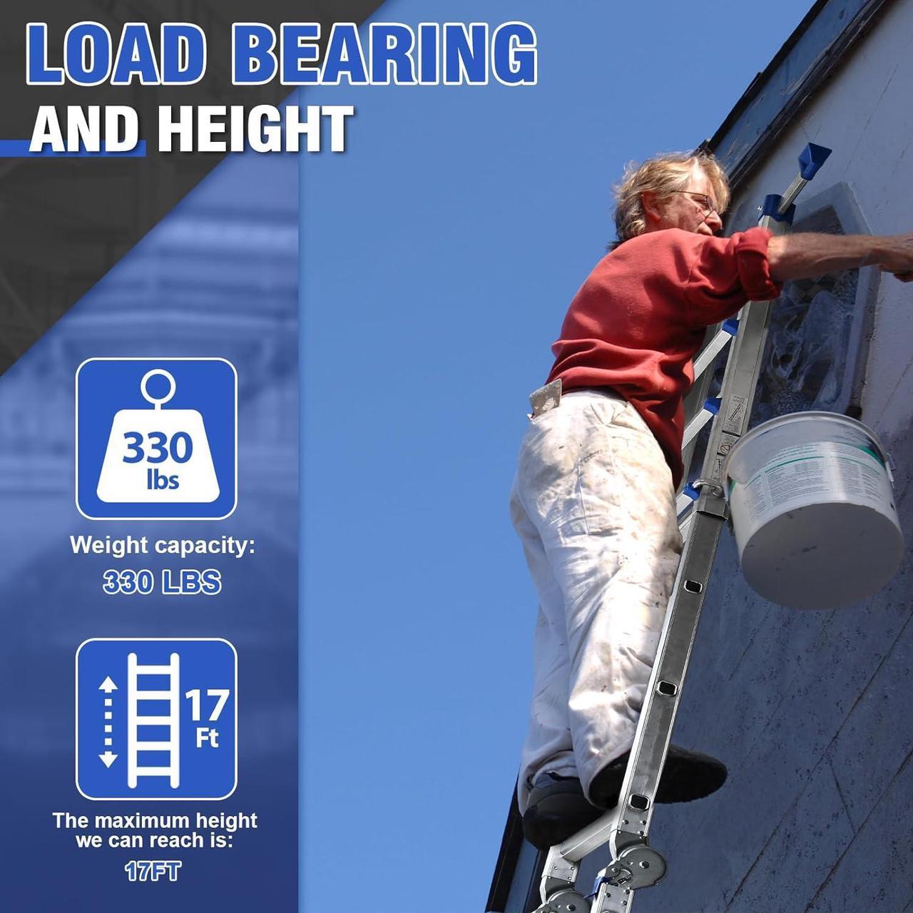 Alt view image 7 of 7 - HBTower Ladder, A Frame 4 Step Extension Ladder, 14 Ft Multi Position Ladder with Removable Tool Tray and Stabilizer Bar, 330 lbs Capacity Telescoping Ladder for Household and Outdoor Work