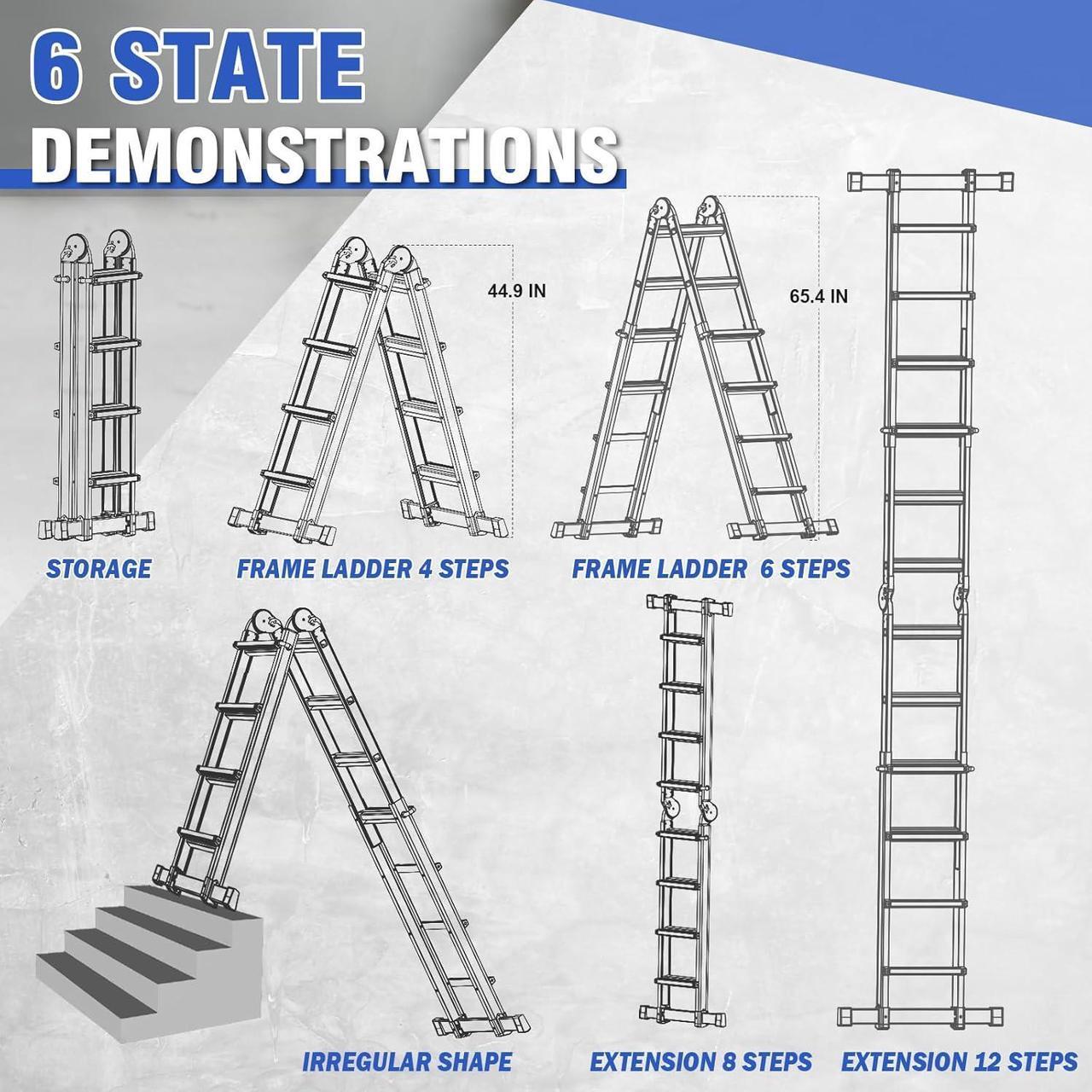 Alt view image 6 of 7 - HBTower Ladder, A Frame 4 Step Extension Ladder, 14 Ft Multi Position Ladder with Removable Tool Tray and Stabilizer Bar, 330 lbs Capacity Telescoping Ladder for Household and Outdoor Work
