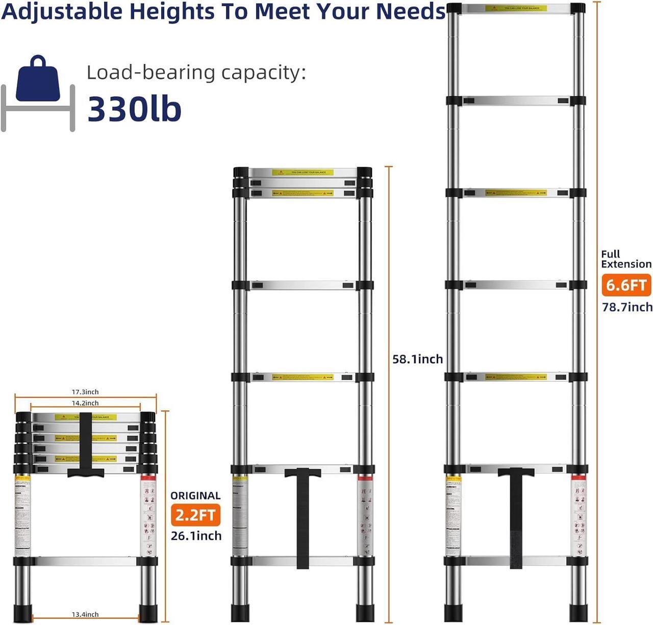 Alt view image 2 of 7 - 6.6 FT Extension Ladders, Lightweight Collapsible Ladders, Aluminum Telescoping Ladders for Home, Folding Telescoping Ladder for RV, Attic, Daily Use at Home, Capacity 330 lbs