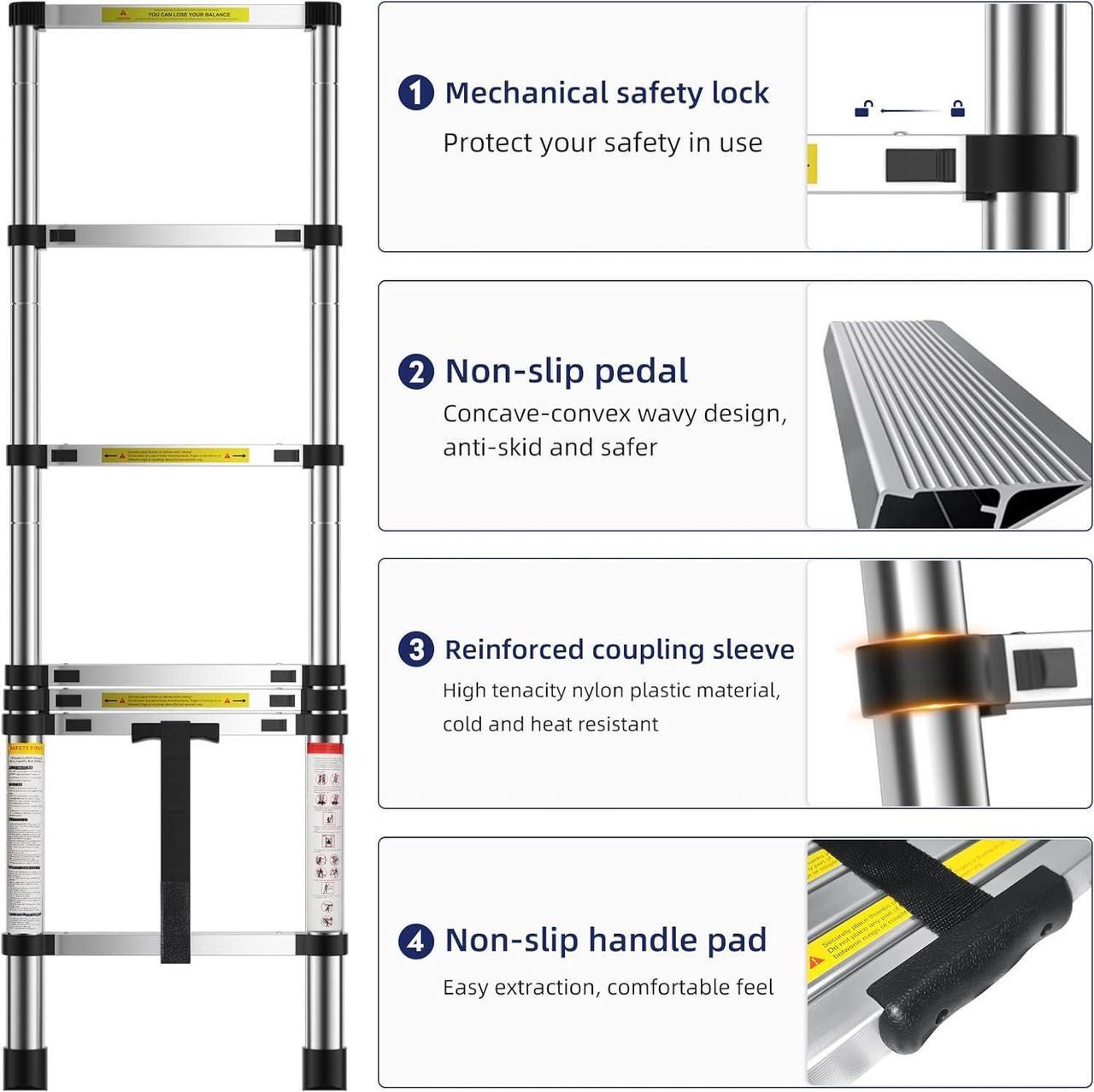 Alt view image 3 of 7 - 6.6 FT Extension Ladders, Lightweight Collapsible Ladders, Aluminum Telescoping Ladders for Home, Folding Telescoping Ladder for RV, Attic, Daily Use at Home, Capacity 330 lbs