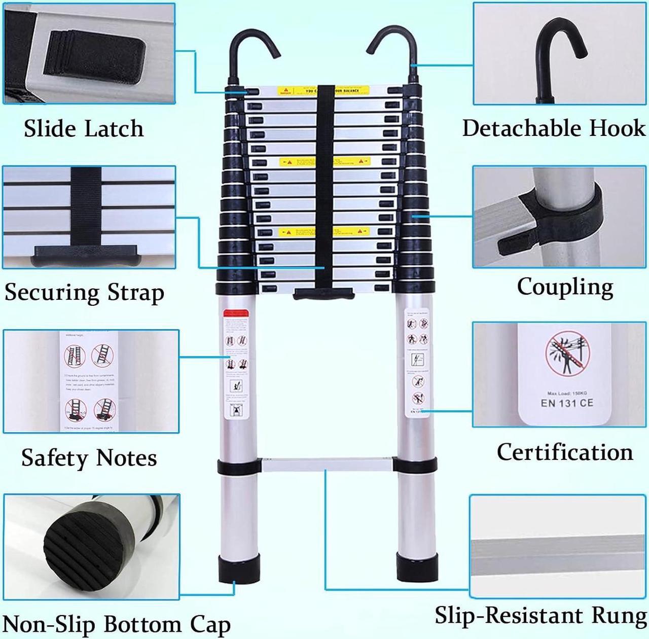 Alt view image 3 of 7 - Telescoping Ladder 20.5ft Aluminum Telescopic Extension Ladder Extendable Ladders with 2 Detachable Hooks Portable Lightweight Safety Lock Design Best for Household Daily or RV Work 330 Pound Capacity