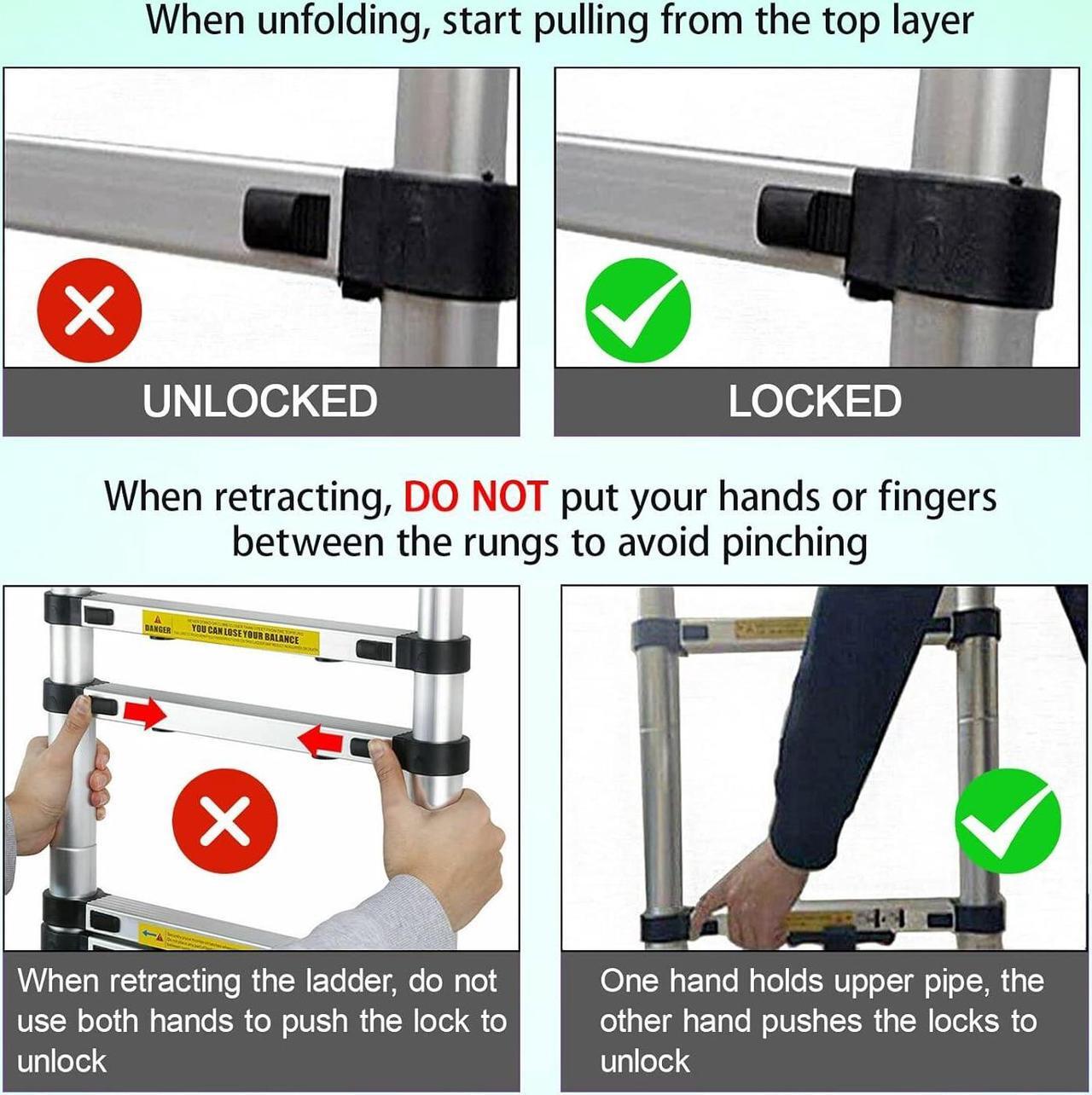 Alt view image 5 of 7 - Telescoping Ladder 20.5ft Aluminum Telescopic Extension Ladder Extendable Ladders with 2 Detachable Hooks Portable Lightweight Safety Lock Design Best for Household Daily or RV Work 330 Pound Capacity