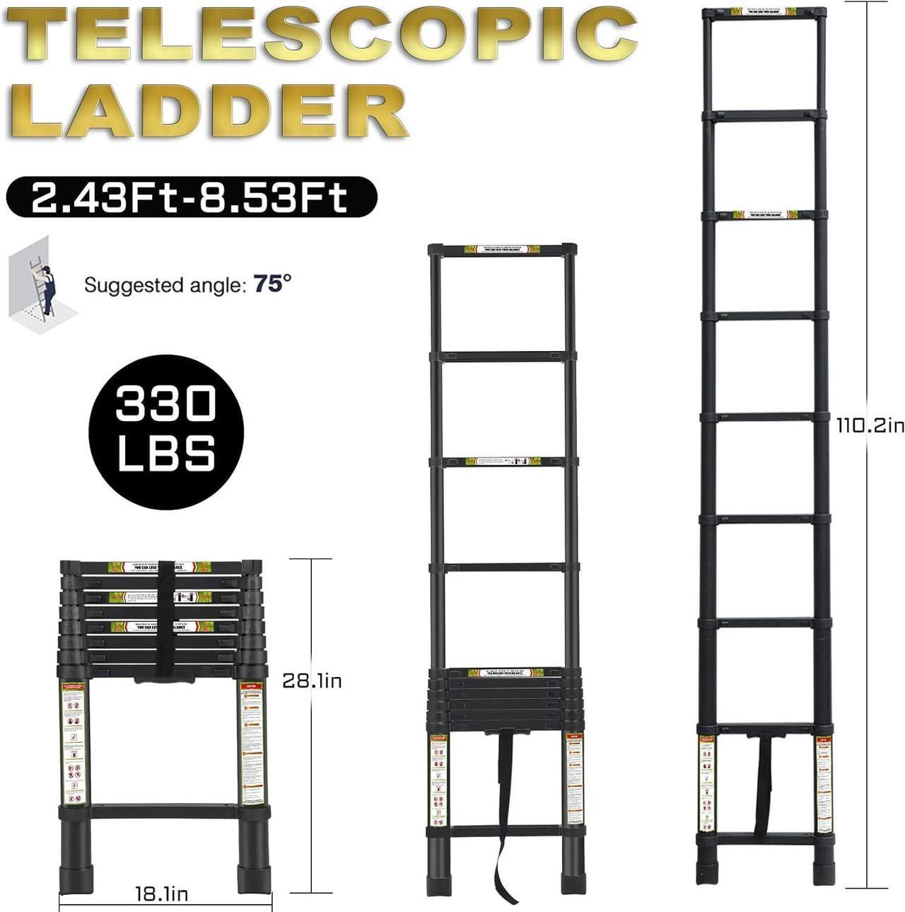 Alt view image 2 of 7 - Telescopic Ladder, 8.5FT RIKADE Aluminum Telescoping Ladder with Non-Slip Feet, Portable Extension Ladder for Household and Outdoor Working,330lb Capacity Black