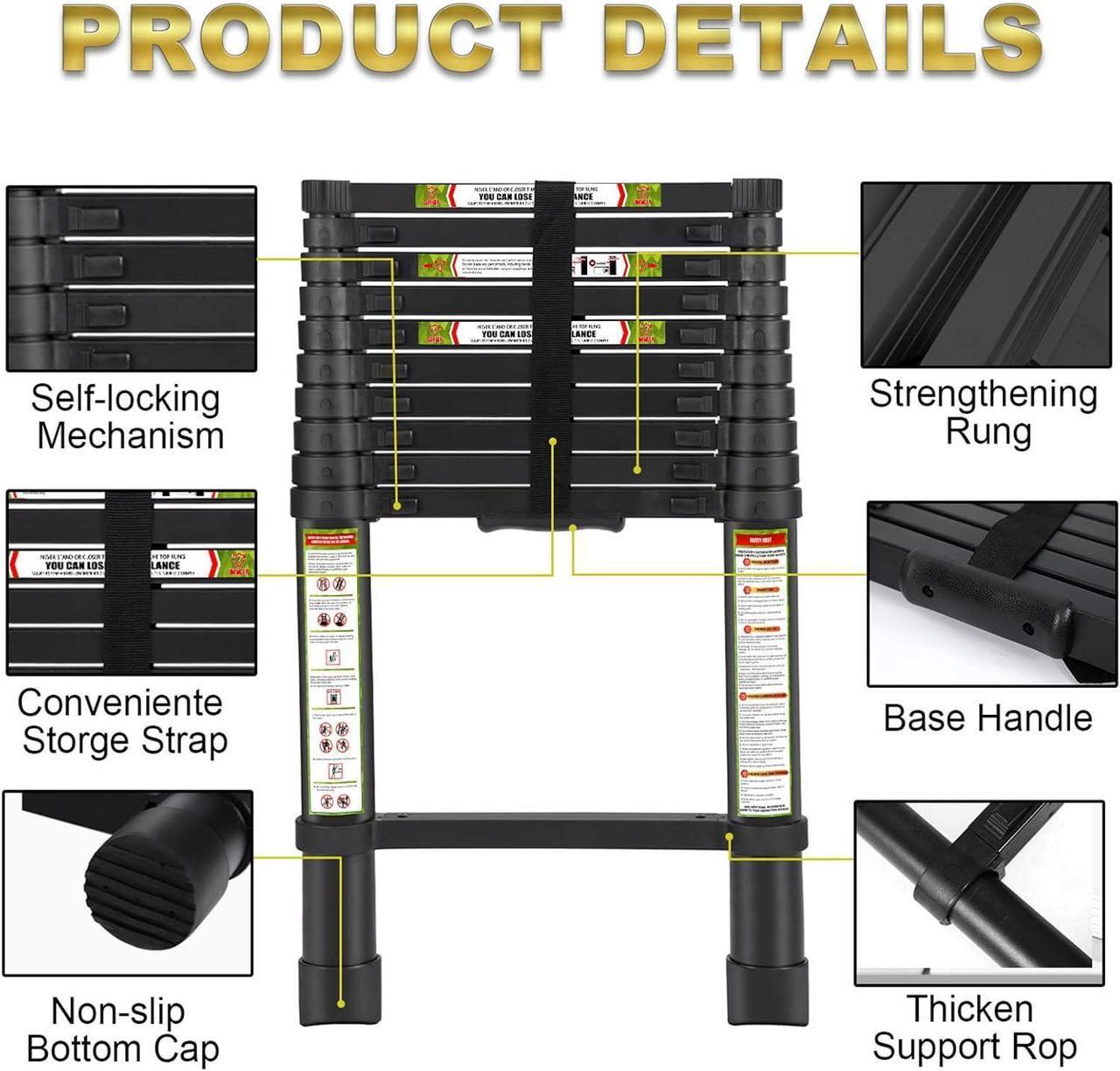 Alt view image 3 of 7 - Telescopic Ladder, 8.5FT RIKADE Aluminum Telescoping Ladder with Non-Slip Feet, Portable Extension Ladder for Household and Outdoor Working,330lb Capacity Black