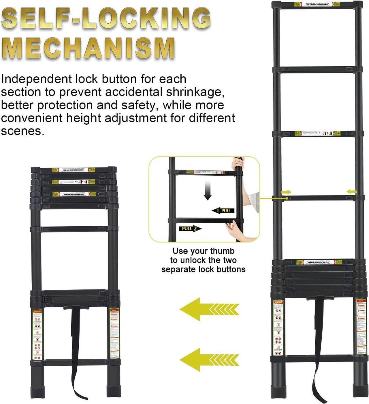 Alt view image 5 of 7 - Telescopic Ladder, 8.5FT RIKADE Aluminum Telescoping Ladder with Non-Slip Feet, Portable Extension Ladder for Household and Outdoor Working,330lb Capacity Black