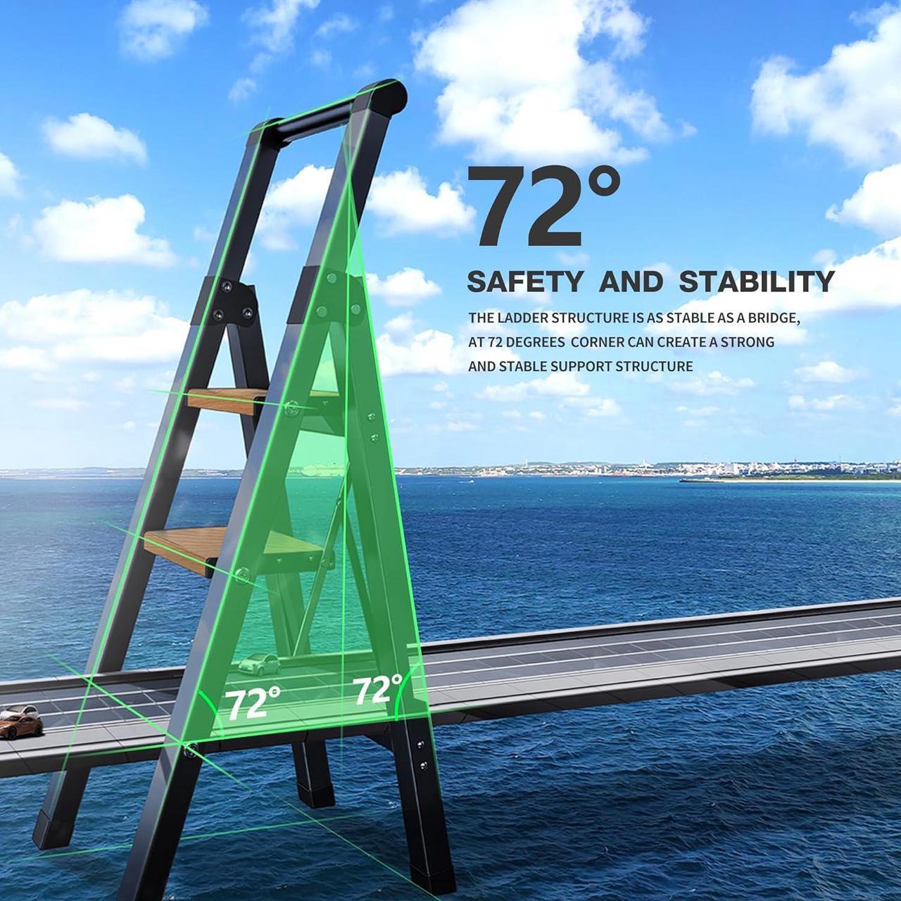 Alt view image 2 of 6 - 3 Step Ladder, Folding Step Stool with Aluminum Wide Pedal& Convenient Handgrip, 330lbs Capacity Steel Ladder for Household and Office (Black & Woodgrain)