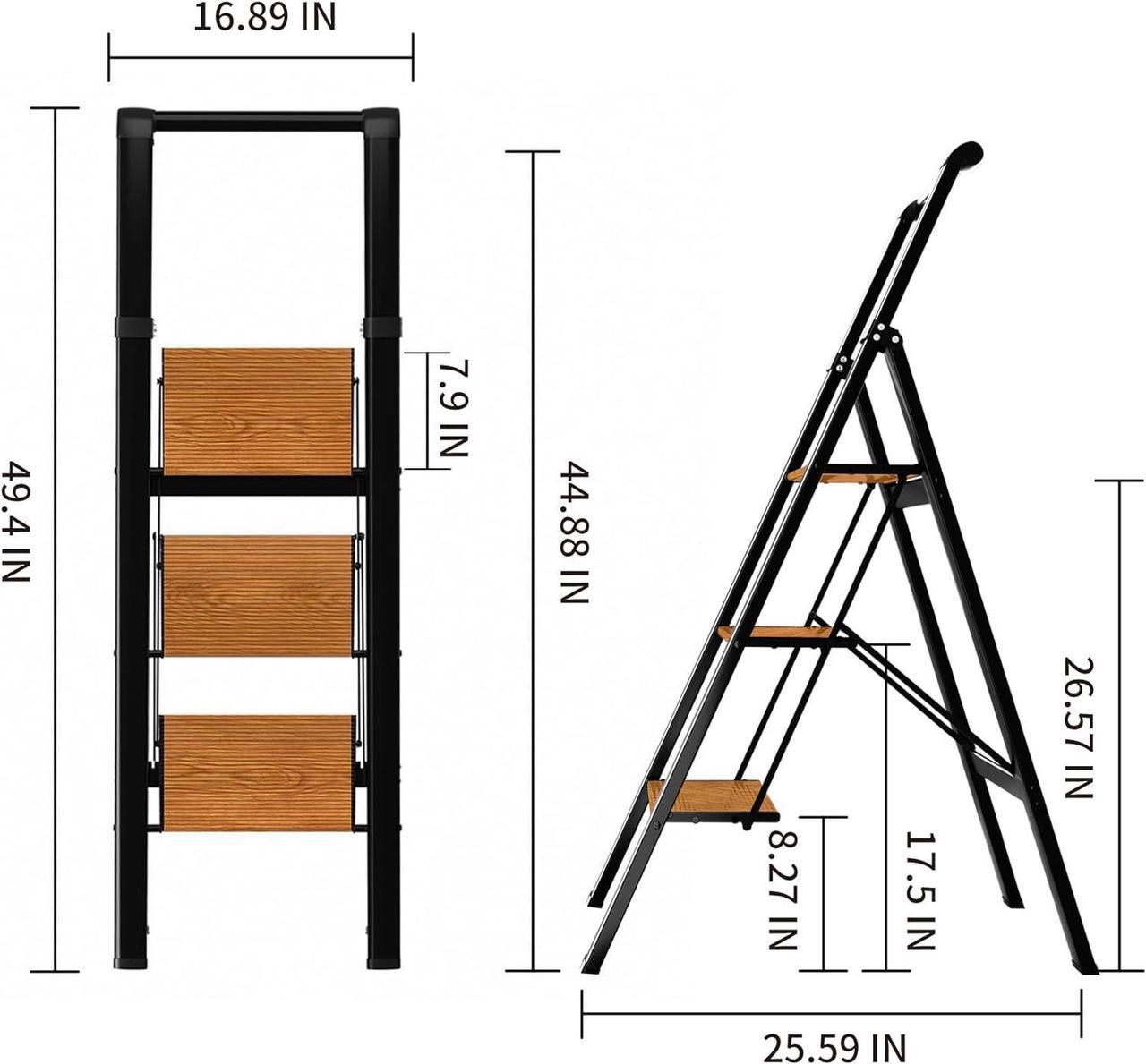 Alt view image 6 of 6 - 3 Step Ladder, Folding Step Stool with Aluminum Wide Pedal& Convenient Handgrip, 330lbs Capacity Steel Ladder for Household and Office (Black & Woodgrain)
