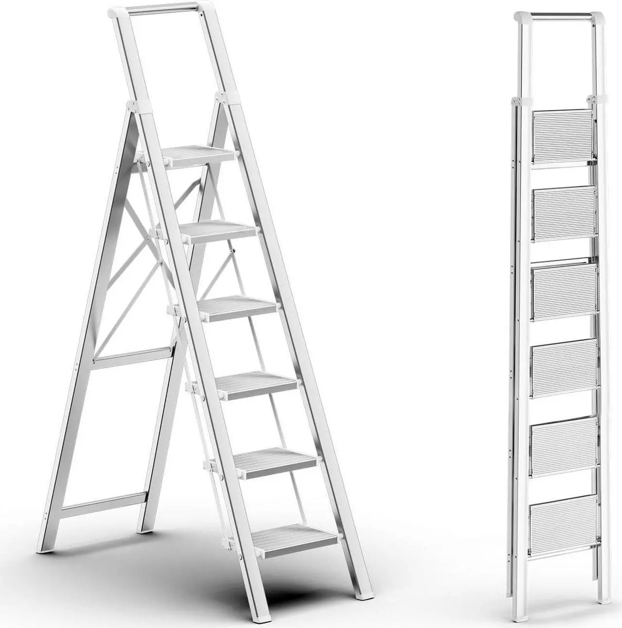 Main image of GameGem 6 Step Ladder for 12 Feet High Ceiling, Lightweight Aluminum Folding Step Stool with Convenient Handgrip, Stepladders with Anti-Slip and Wide Pedal for Home Use Space Saving - White