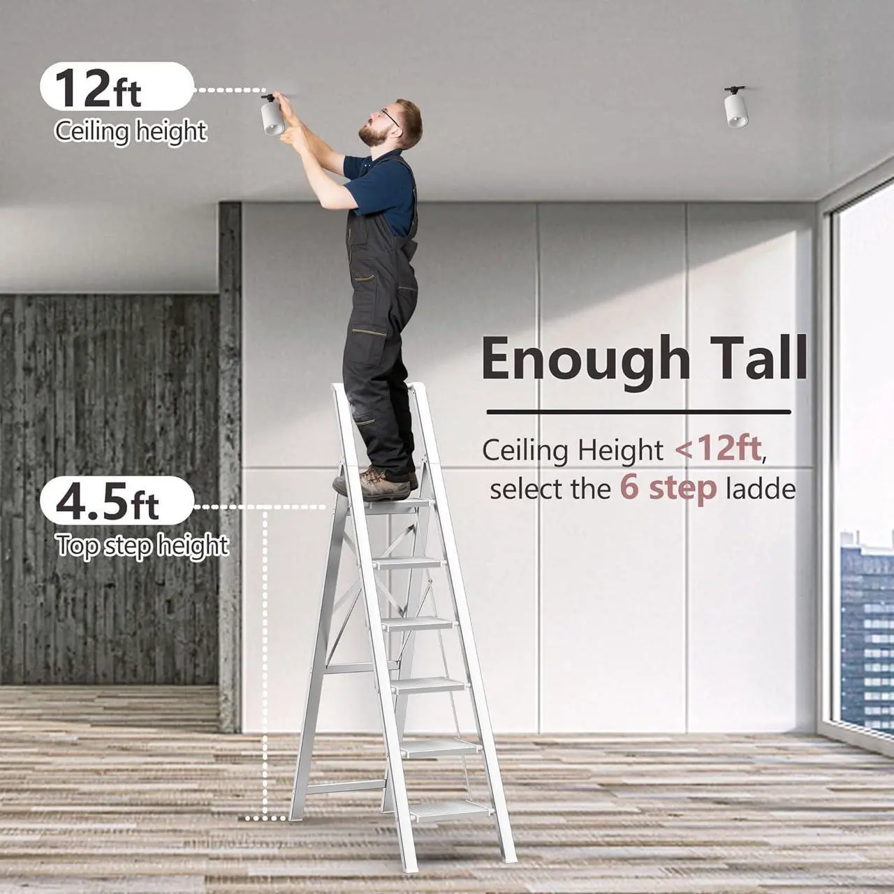 Alt view image 2 of 7 - GameGem 6 Step Ladder for 12 Feet High Ceiling, Lightweight Aluminum Folding Step Stool with Convenient Handgrip, Stepladders with Anti-Slip and Wide Pedal for Home Use Space Saving - White