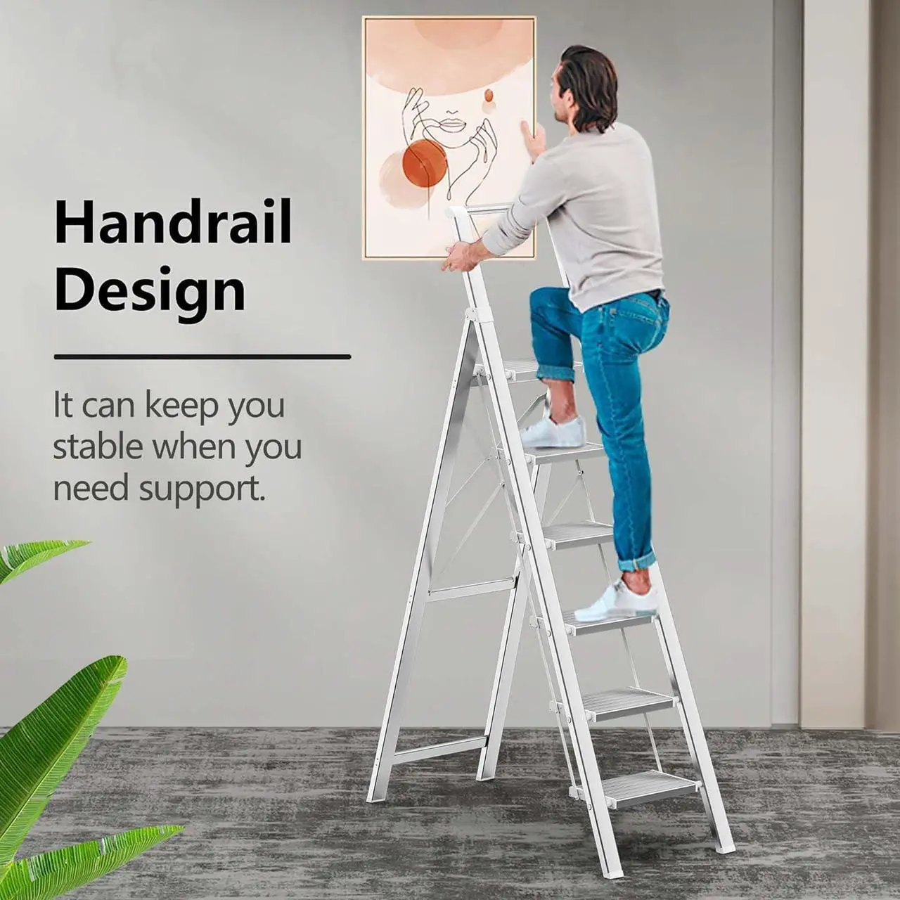 Alt view image 3 of 7 - GameGem 6 Step Ladder for 12 Feet High Ceiling, Lightweight Aluminum Folding Step Stool with Convenient Handgrip, Stepladders with Anti-Slip and Wide Pedal for Home Use Space Saving - White