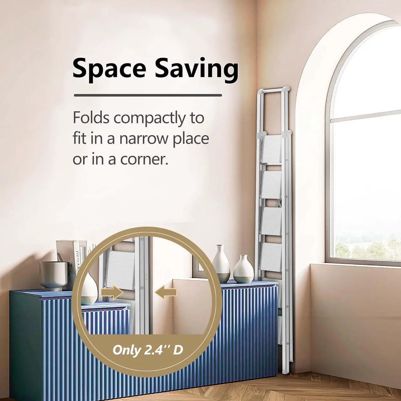 Alt view image 5 of 7 - GameGem 6 Step Ladder for 12 Feet High Ceiling, Lightweight Aluminum Folding Step Stool with Convenient Handgrip, Stepladders with Anti-Slip and Wide Pedal for Home Use Space Saving - White