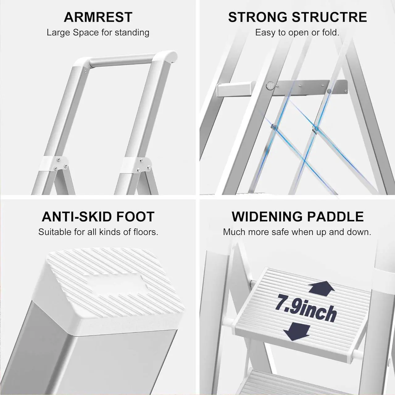 Alt view image 6 of 7 - GameGem 6 Step Ladder for 12 Feet High Ceiling, Lightweight Aluminum Folding Step Stool with Convenient Handgrip, Stepladders with Anti-Slip and Wide Pedal for Home Use Space Saving - White