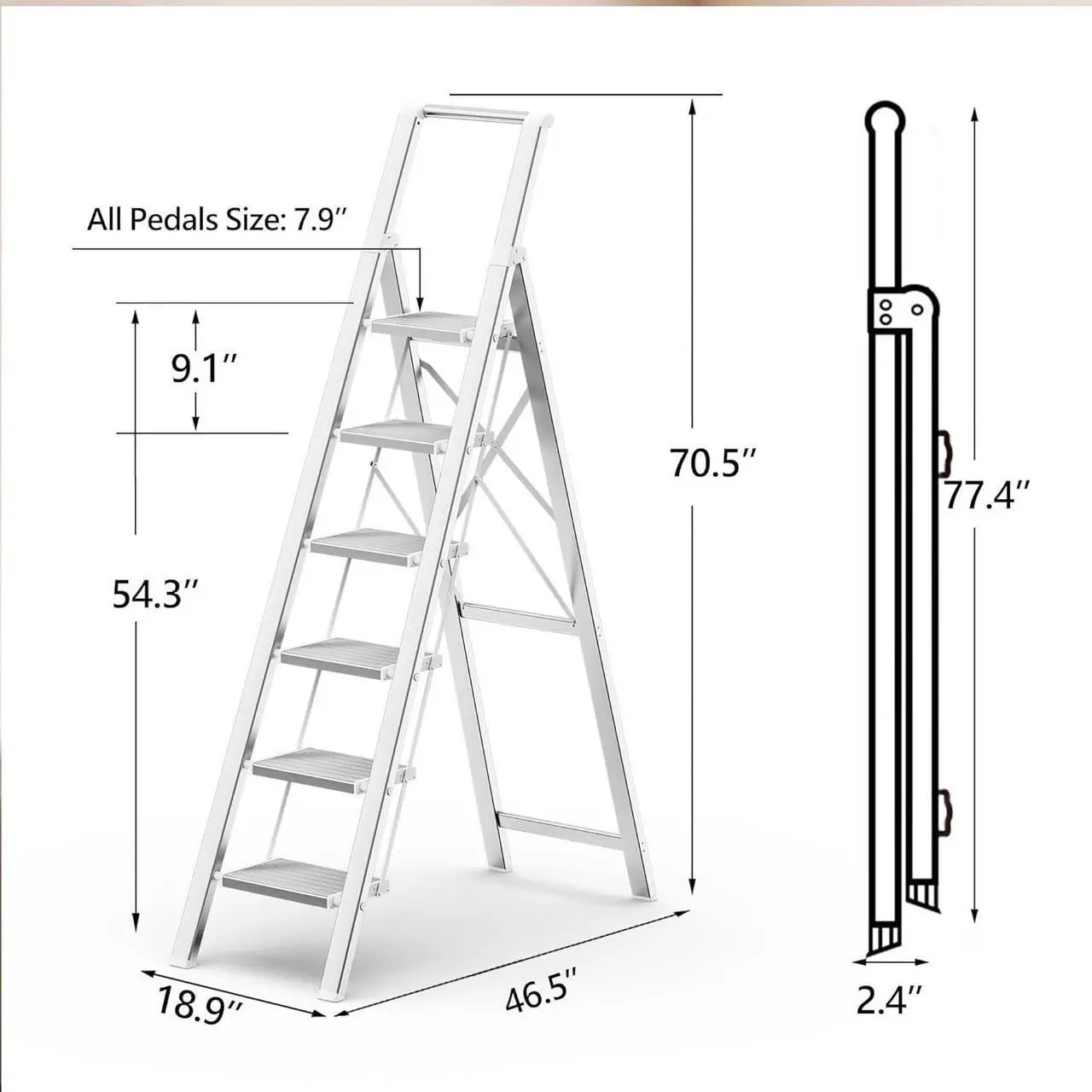 Alt view image 7 of 7 - GameGem 6 Step Ladder for 12 Feet High Ceiling, Lightweight Aluminum Folding Step Stool with Convenient Handgrip, Stepladders with Anti-Slip and Wide Pedal for Home Use Space Saving - White