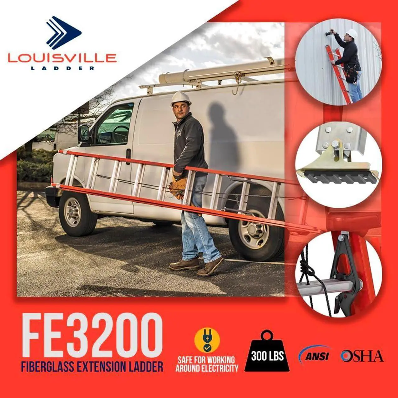 Alt view image 2 of 7 - Louisville Ladder FE3216 Foot Extension Ladder, 16 ft, Orange