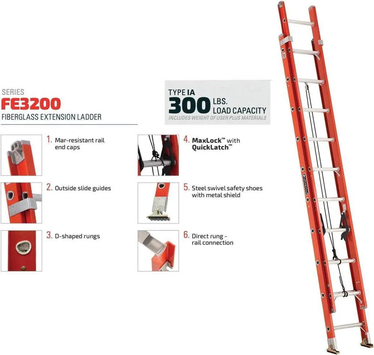 Alt view image 4 of 7 - Louisville Ladder FE3216 Foot Extension Ladder, 16 ft, Orange