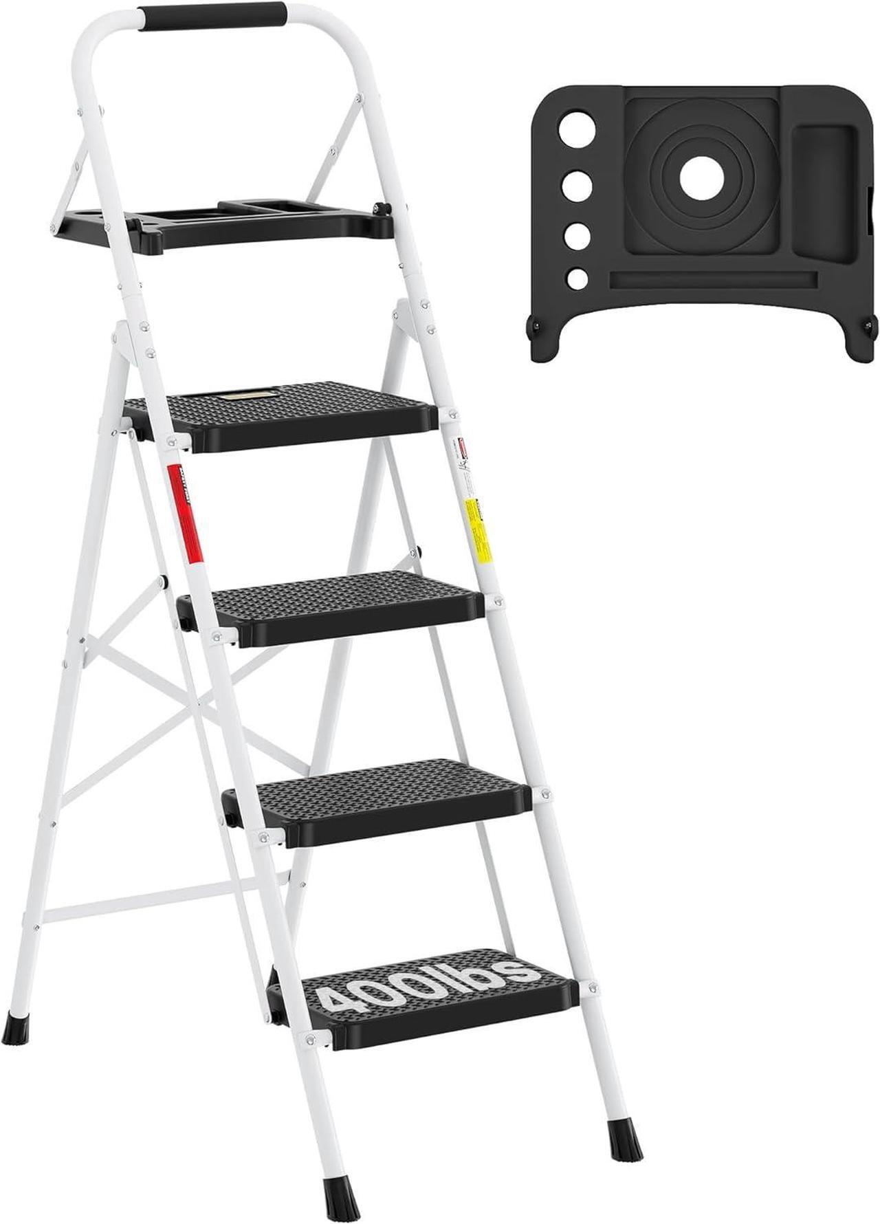 Main image of BONTEC 4-Step Ladder, Folding Step Stool with Tool Platform, Wide Anti-Slip Pedals, Max Load Capacity 400lbs Sturdy Steel Ladder, Lightweight Portable Ladder, Tall Step Ladder for House Use, White