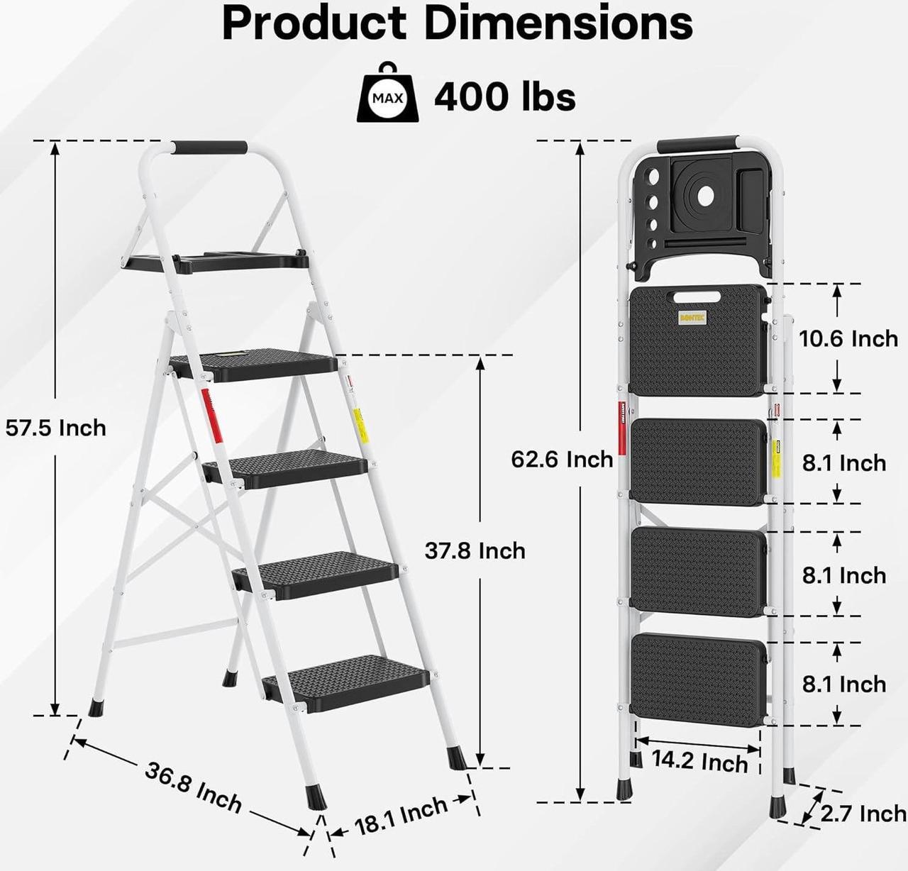 Alt view image 2 of 7 - BONTEC 4-Step Ladder, Folding Step Stool with Tool Platform, Wide Anti-Slip Pedals, Max Load Capacity 400lbs Sturdy Steel Ladder, Lightweight Portable Ladder, Tall Step Ladder for House Use, White