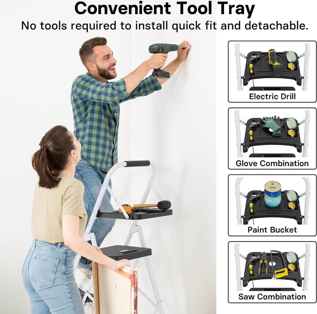 Alt view image 3 of 7 - BONTEC 4-Step Ladder, Folding Step Stool with Tool Platform, Wide Anti-Slip Pedals, Max Load Capacity 400lbs Sturdy Steel Ladder, Lightweight Portable Ladder, Tall Step Ladder for House Use, White
