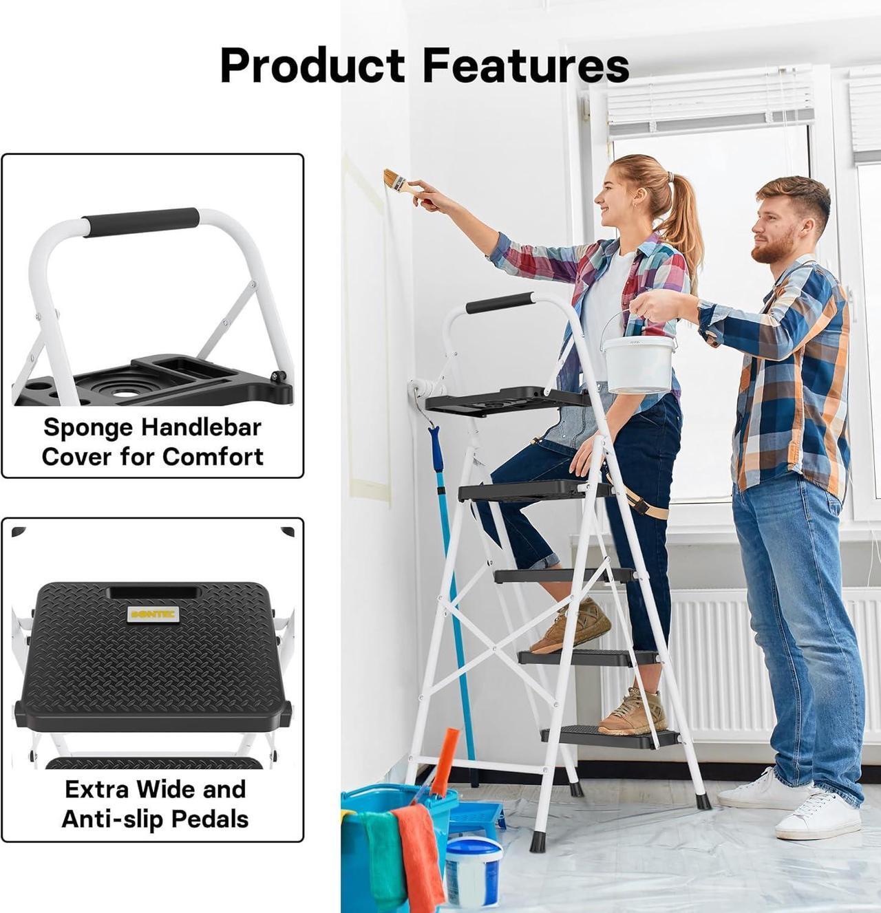 Alt view image 4 of 7 - BONTEC 4-Step Ladder, Folding Step Stool with Tool Platform, Wide Anti-Slip Pedals, Max Load Capacity 400lbs Sturdy Steel Ladder, Lightweight Portable Ladder, Tall Step Ladder for House Use, White