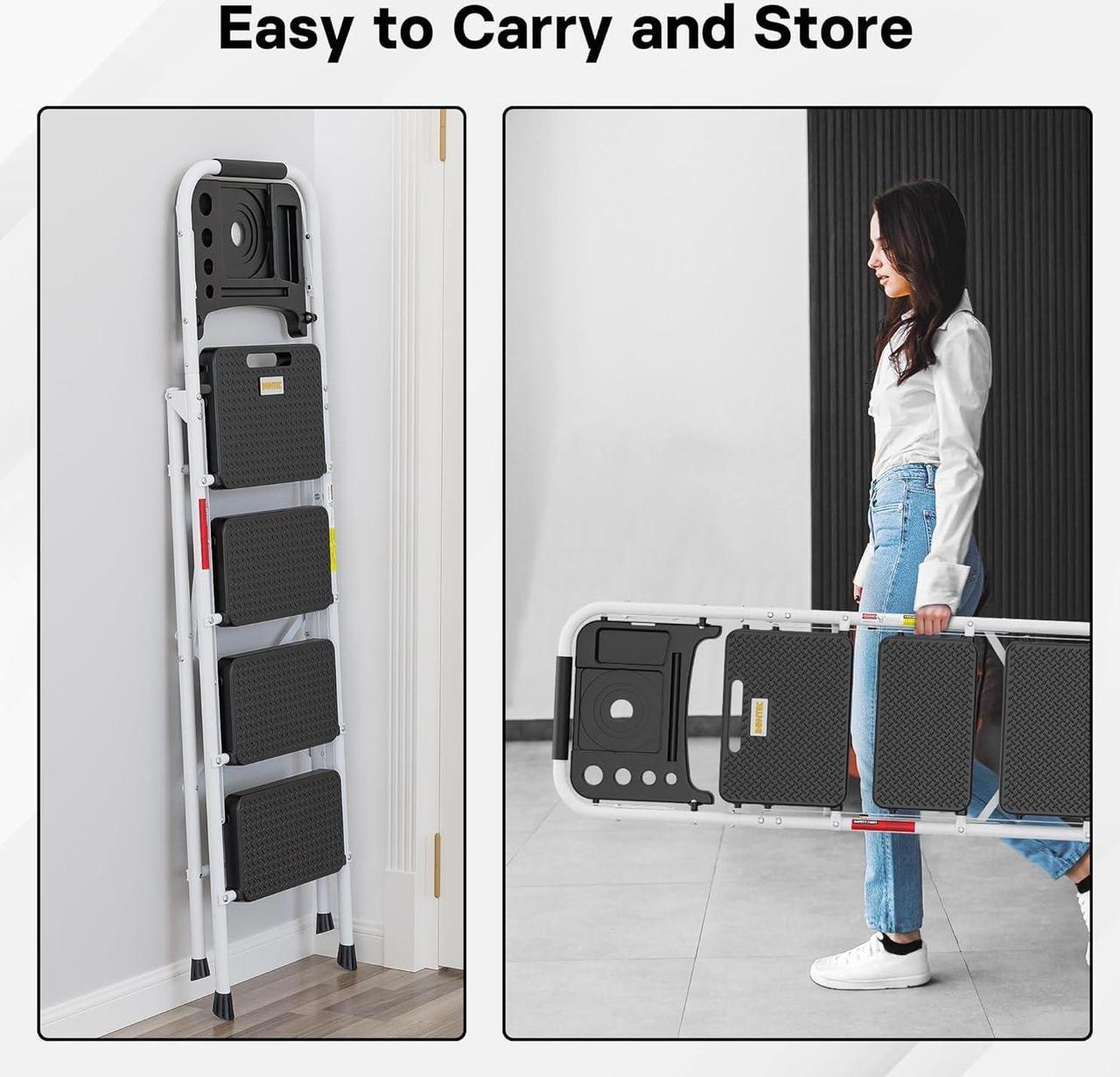 Alt view image 7 of 7 - BONTEC 4-Step Ladder, Folding Step Stool with Tool Platform, Wide Anti-Slip Pedals, Max Load Capacity 400lbs Sturdy Steel Ladder, Lightweight Portable Ladder, Tall Step Ladder for House Use, White