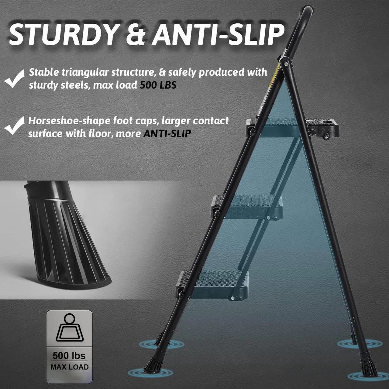 Alt view image 2 of 7 - Step Ladder 3 Step Folding with Handgrip, 500Lbs Steel Step Stool, Folding Ladder with Anti-Slip Wide Pedals, Portable Kitchen/Closet Small Step Ladder, Multi-use Step Stool Black by Double Elite