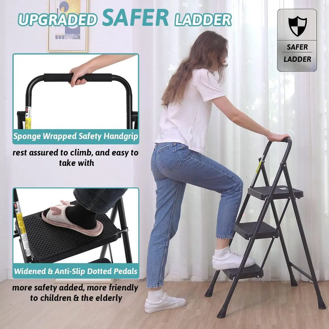 Alt view image 3 of 7 - Step Ladder 3 Step Folding with Handgrip, 500Lbs Steel Step Stool, Folding Ladder with Anti-Slip Wide Pedals, Portable Kitchen/Closet Small Step Ladder, Multi-use Step Stool Black by Double Elite