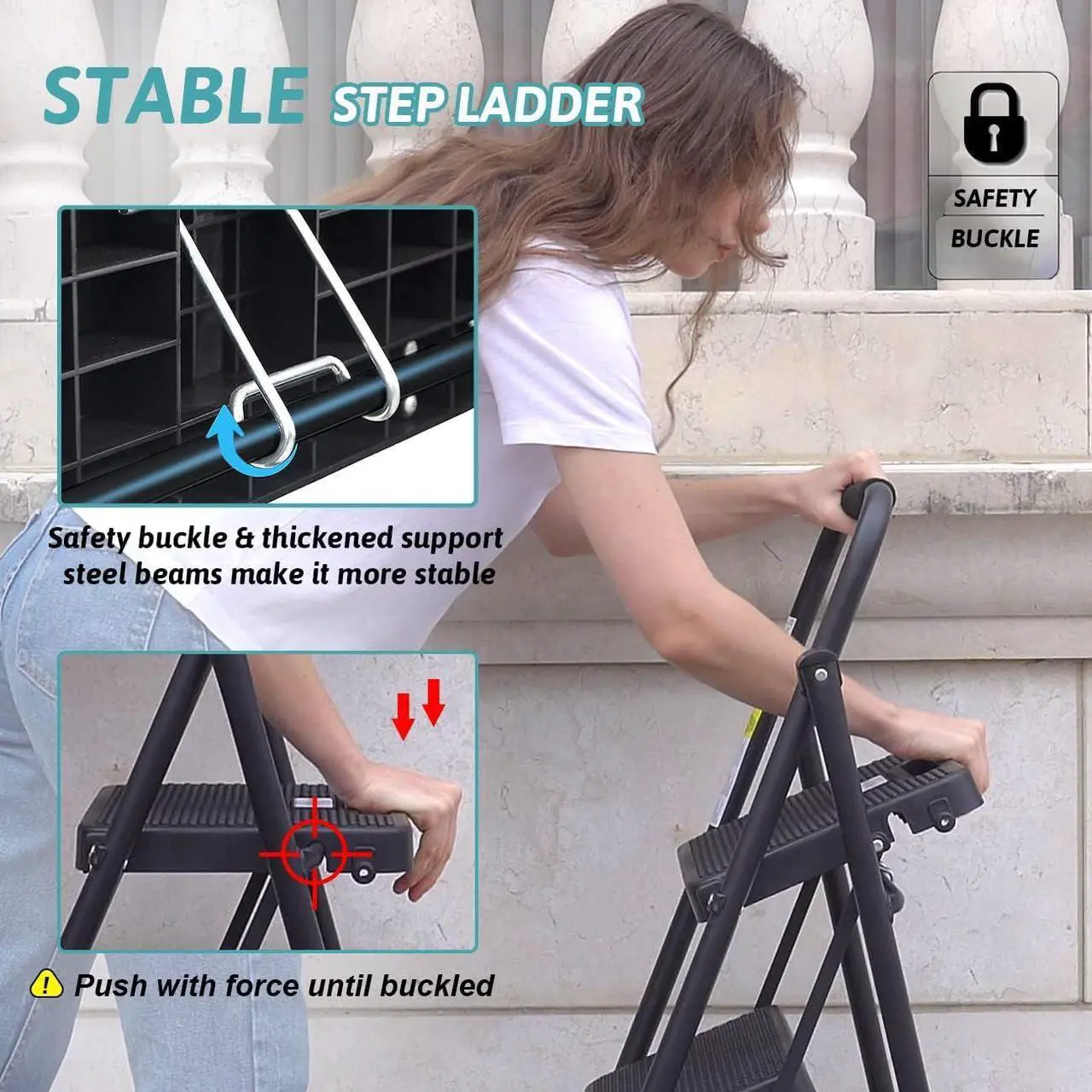 Alt view image 4 of 7 - Step Ladder 3 Step Folding with Handgrip, 500Lbs Steel Step Stool, Folding Ladder with Anti-Slip Wide Pedals, Portable Kitchen/Closet Small Step Ladder, Multi-use Step Stool Black by Double Elite