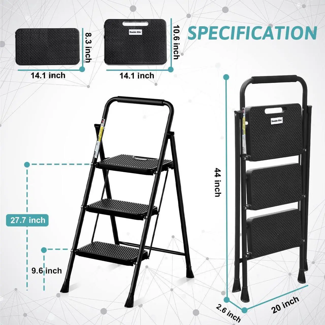 Alt view image 6 of 7 - Step Ladder 3 Step Folding with Handgrip, 500Lbs Steel Step Stool, Folding Ladder with Anti-Slip Wide Pedals, Portable Kitchen/Closet Small Step Ladder, Multi-use Step Stool Black by Double Elite