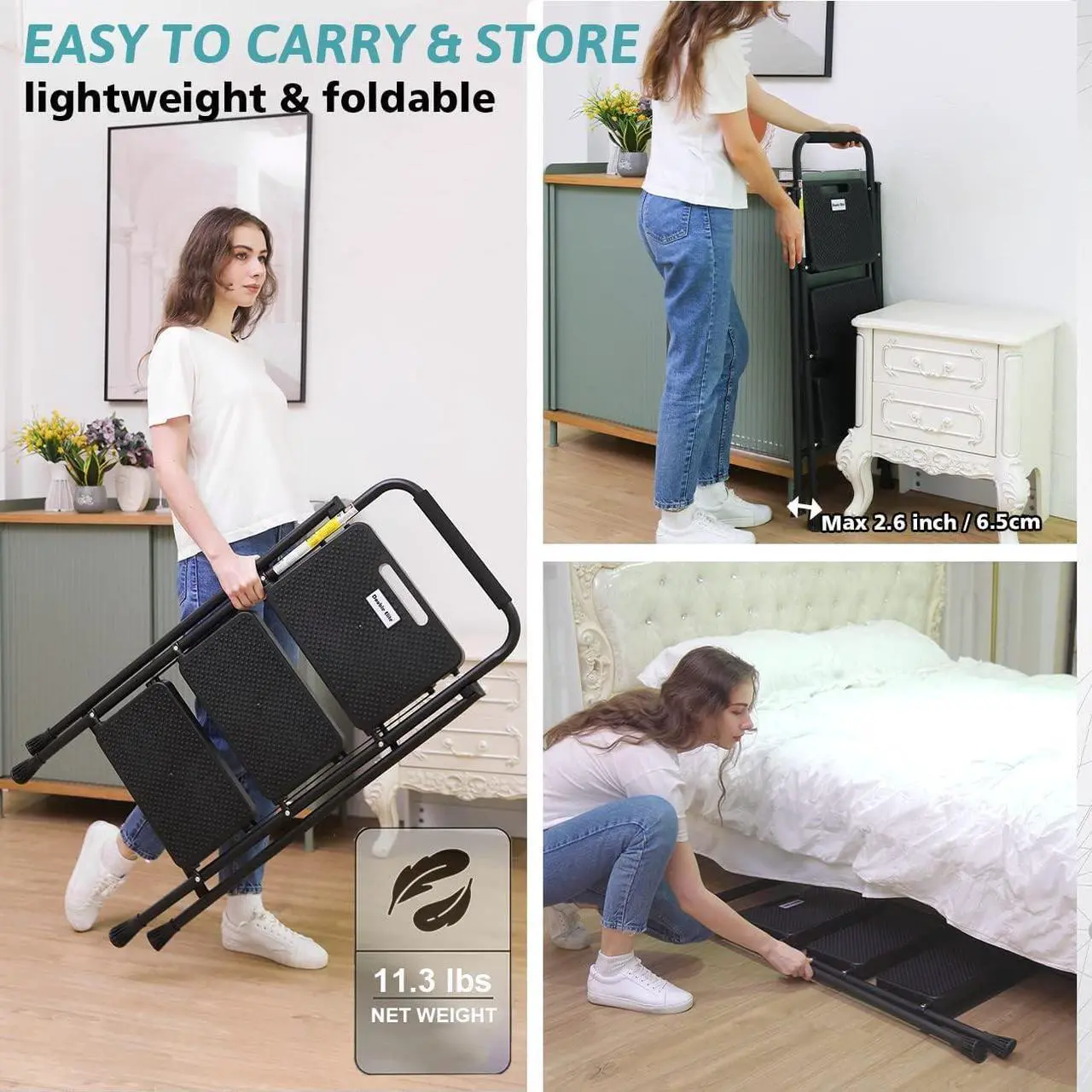 Alt view image 5 of 7 - Step Ladder 3 Step Folding with Handgrip, 500Lbs Steel Step Stool, Folding Ladder with Anti-Slip Wide Pedals, Portable Kitchen/Closet Small Step Ladder, Multi-use Step Stool Black by Double Elite