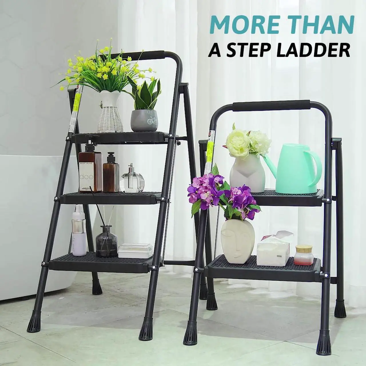 Alt view image 7 of 7 - Step Ladder 3 Step Folding with Handgrip, 500Lbs Steel Step Stool, Folding Ladder with Anti-Slip Wide Pedals, Portable Kitchen/Closet Small Step Ladder, Multi-use Step Stool Black by Double Elite