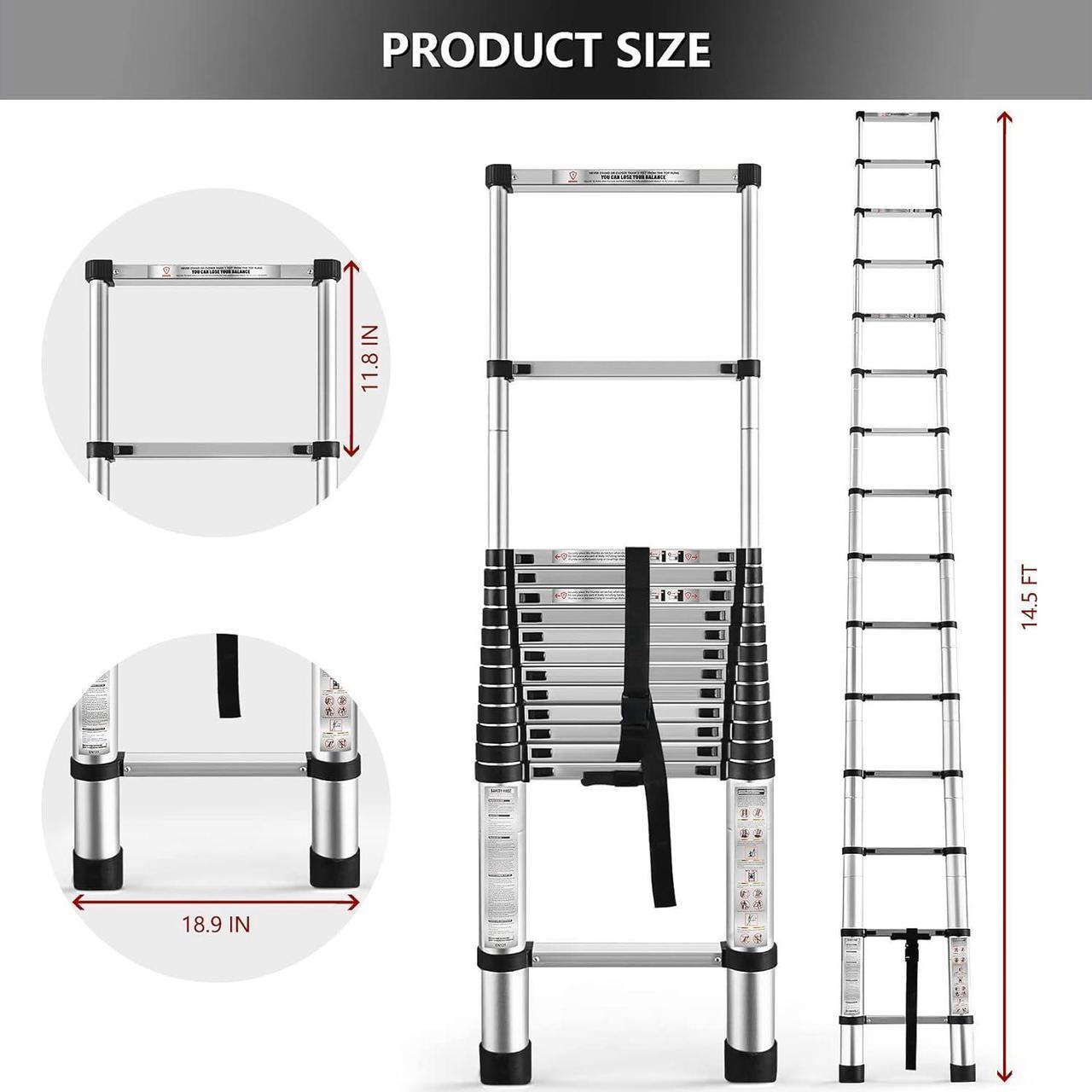 Alt view image 2 of 7 - findmall 14.5FT / 4.4M Aluminum Telescopic Ladder Folding Step Inward Sliding Retraction Extension Ladder Multi-Use Non-Slip Collapsible Ladder Telescoping Ladders
