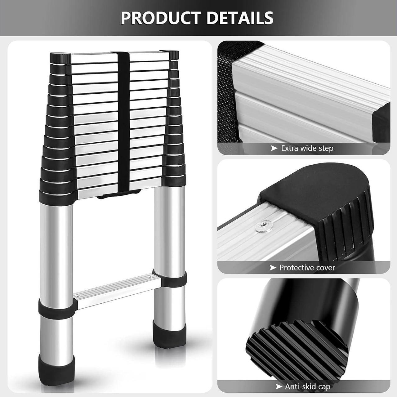 Alt view image 4 of 7 - findmall 14.5FT / 4.4M Aluminum Telescopic Ladder Folding Step Inward Sliding Retraction Extension Ladder Multi-Use Non-Slip Collapsible Ladder Telescoping Ladders