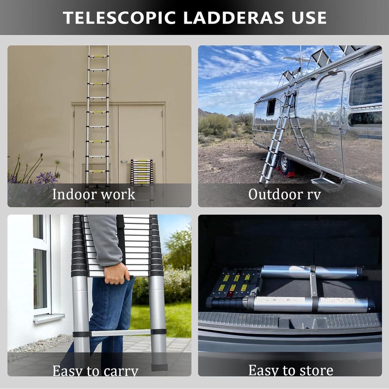 Alt view image 5 of 7 - findmall 14.5FT / 4.4M Aluminum Telescopic Ladder Folding Step Inward Sliding Retraction Extension Ladder Multi-Use Non-Slip Collapsible Ladder Telescoping Ladders