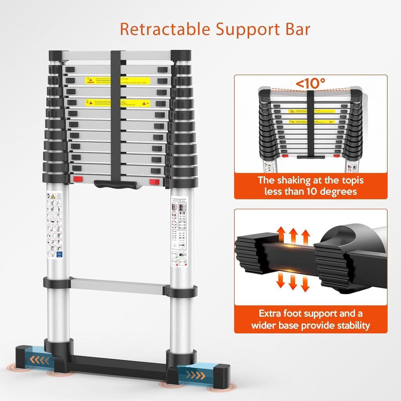 Alt view image 2 of 6 - 12.5FT Telescoping Ladder, Collapsible Ladder with Bottom Stabilizers, Slow Descent, and One-Key Retraction