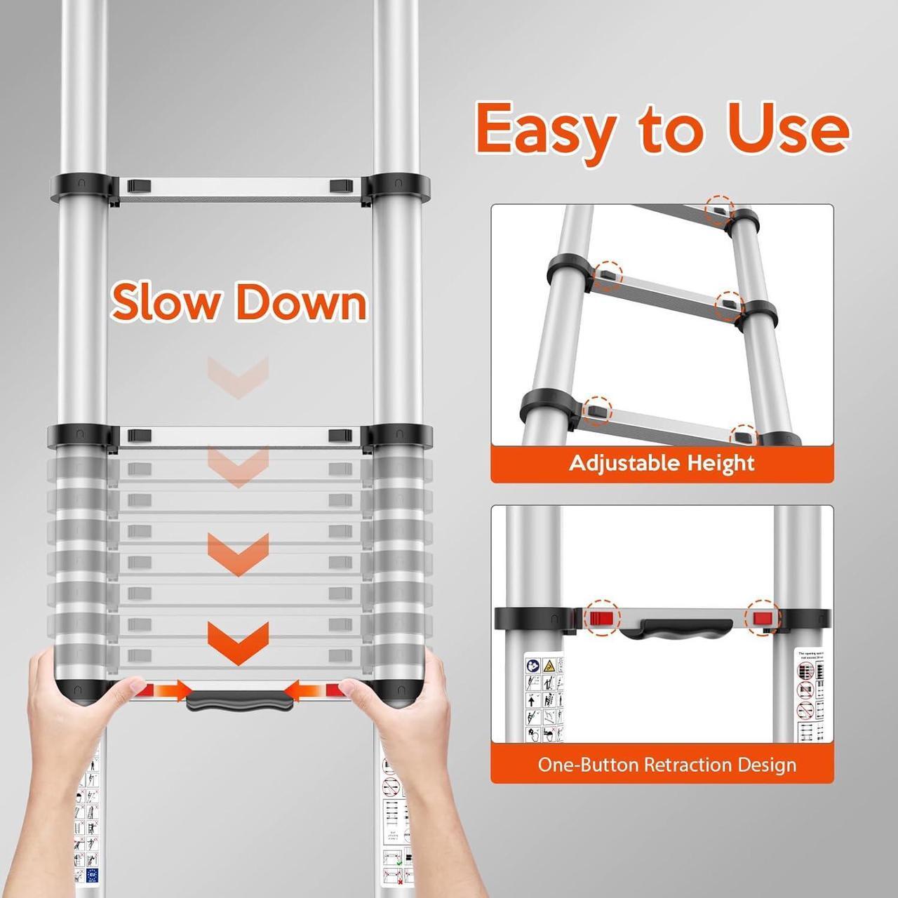 Alt view image 3 of 6 - 12.5FT Telescoping Ladder, Collapsible Ladder with Bottom Stabilizers, Slow Descent, and One-Key Retraction