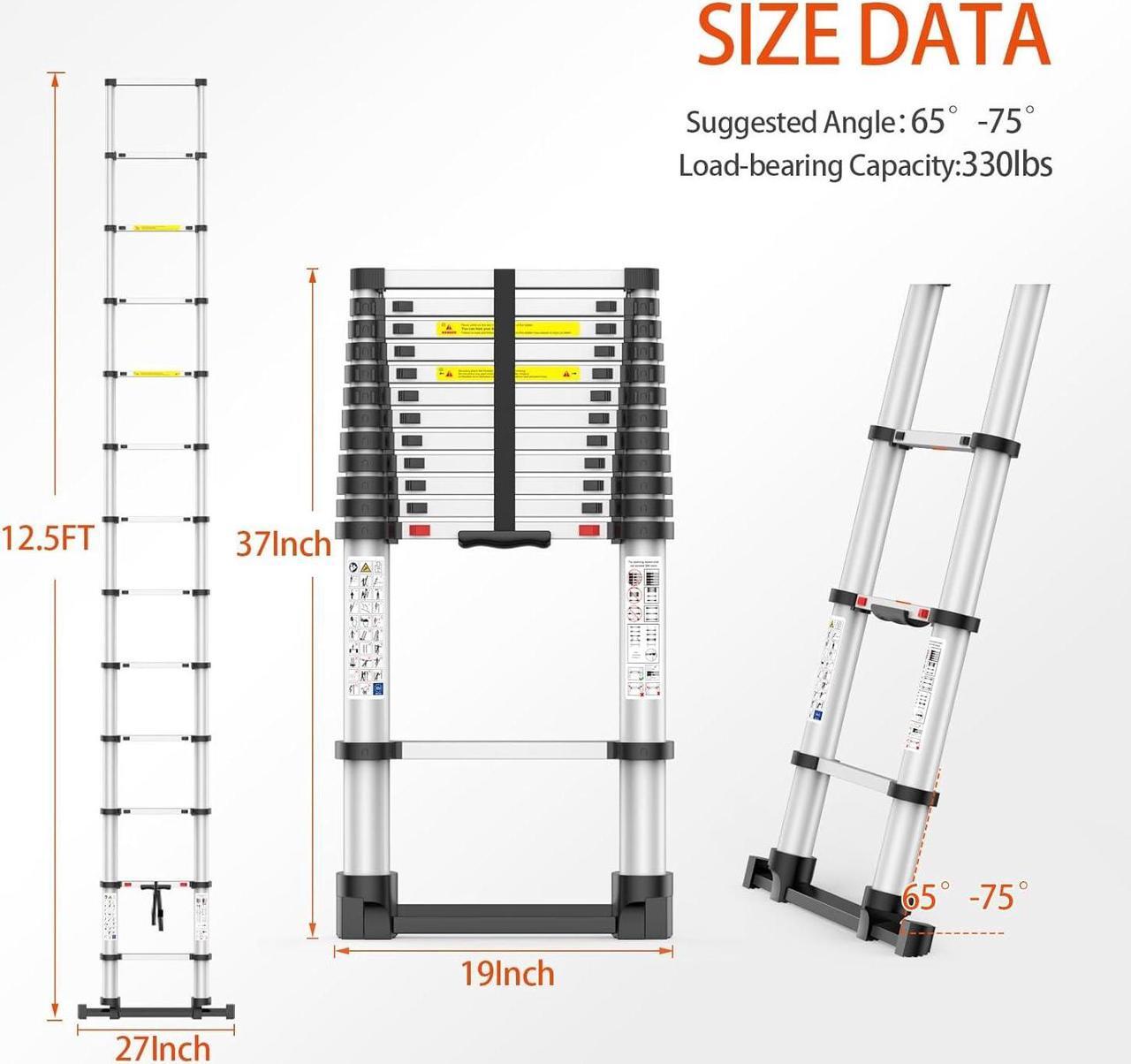 Alt view image 5 of 6 - 12.5FT Telescoping Ladder, Collapsible Ladder with Bottom Stabilizers, Slow Descent, and One-Key Retraction