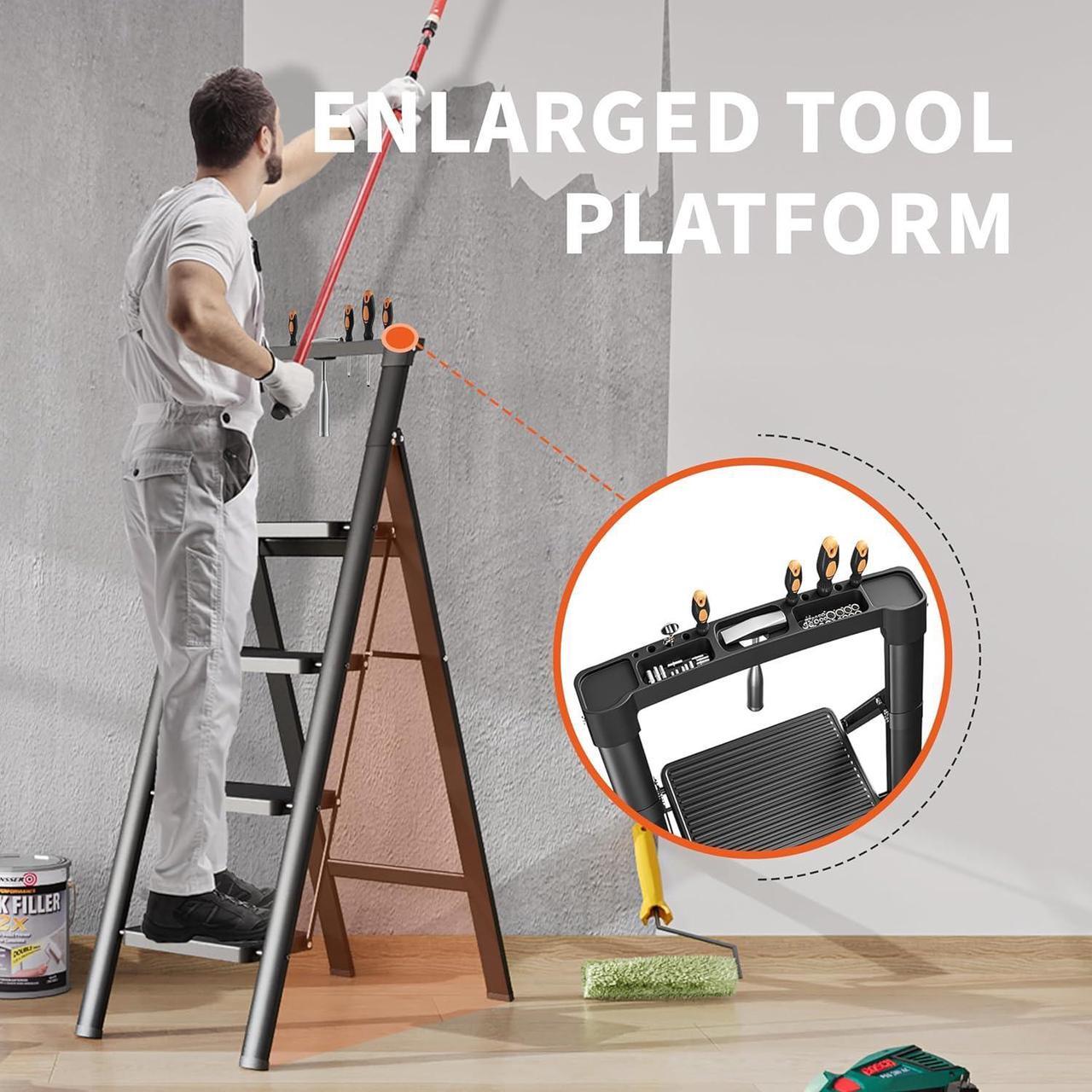 Alt view image 2 of 7 - JOISCOPE 4 Step Ladder, Folding Step Stool with Tool Platform, 600lbs Portable Sturdy Steel Ladder with Wide Anti-Slip Pedal, Lightweight, Convenient Handgrip, Ergonomic Design, Black