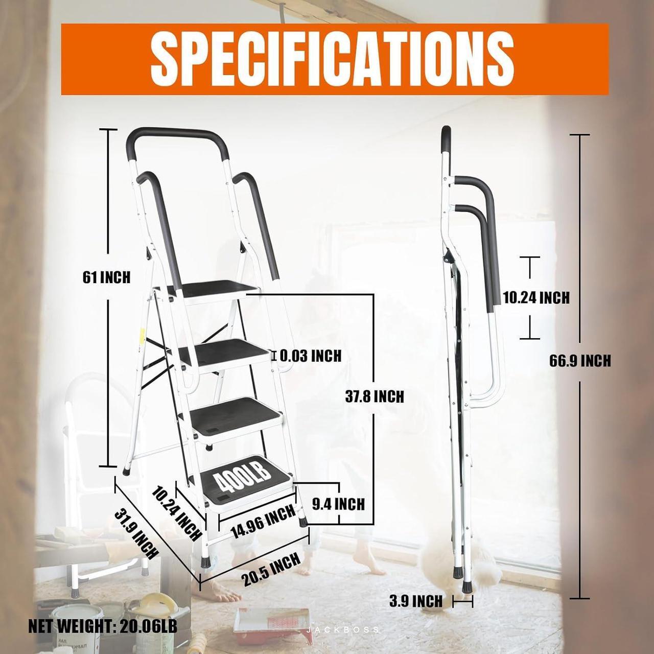 Alt view image 2 of 7 - 4 Step Ladder, Folding Lightweight Step Stool with Detachable Tool Bag, Handrails and Wide Anti-Slip Pedal for Home, Office, Kitchen and Garage, 400 lbs Capacity