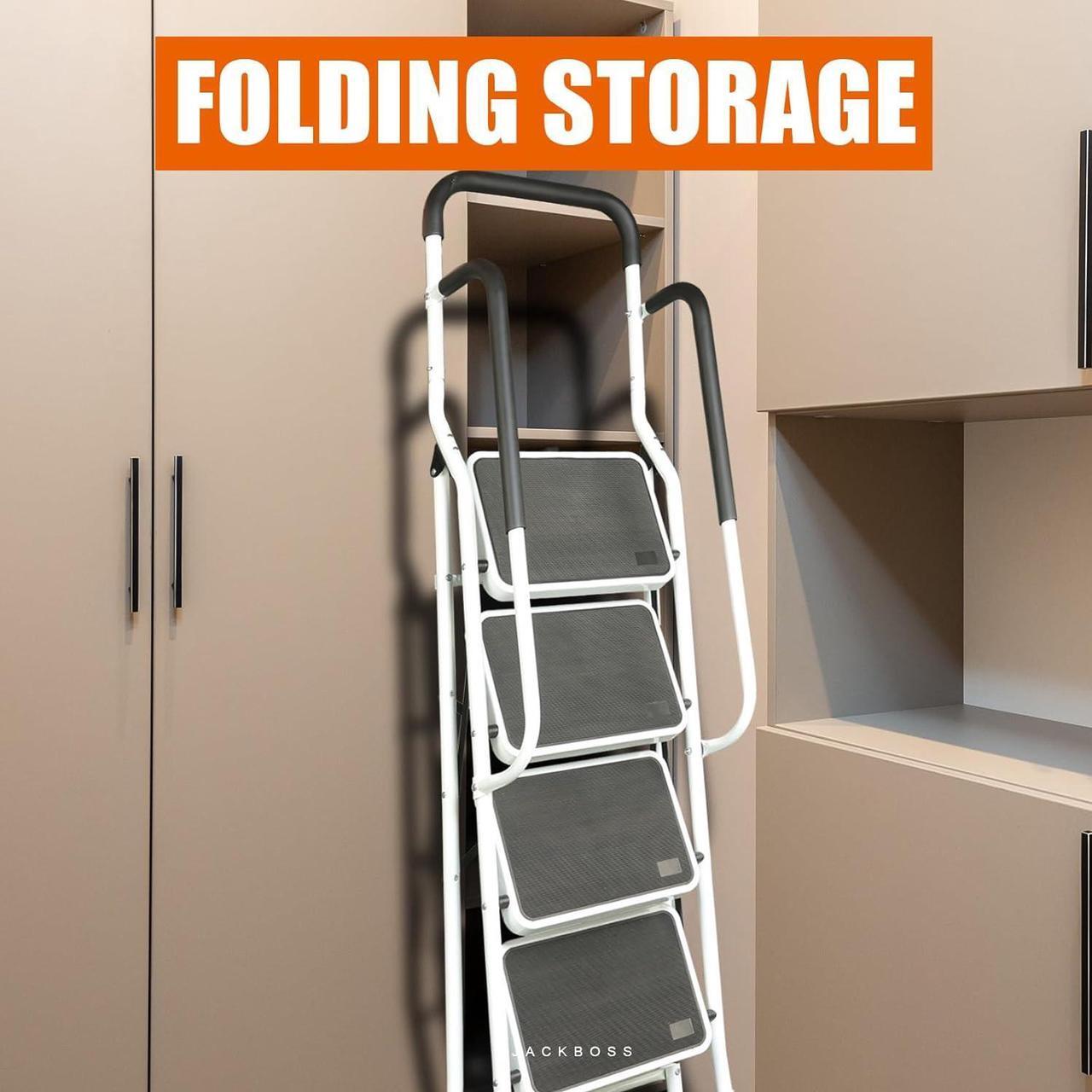 Alt view image 4 of 7 - 4 Step Ladder, Folding Lightweight Step Stool with Detachable Tool Bag, Handrails and Wide Anti-Slip Pedal for Home, Office, Kitchen and Garage, 400 lbs Capacity