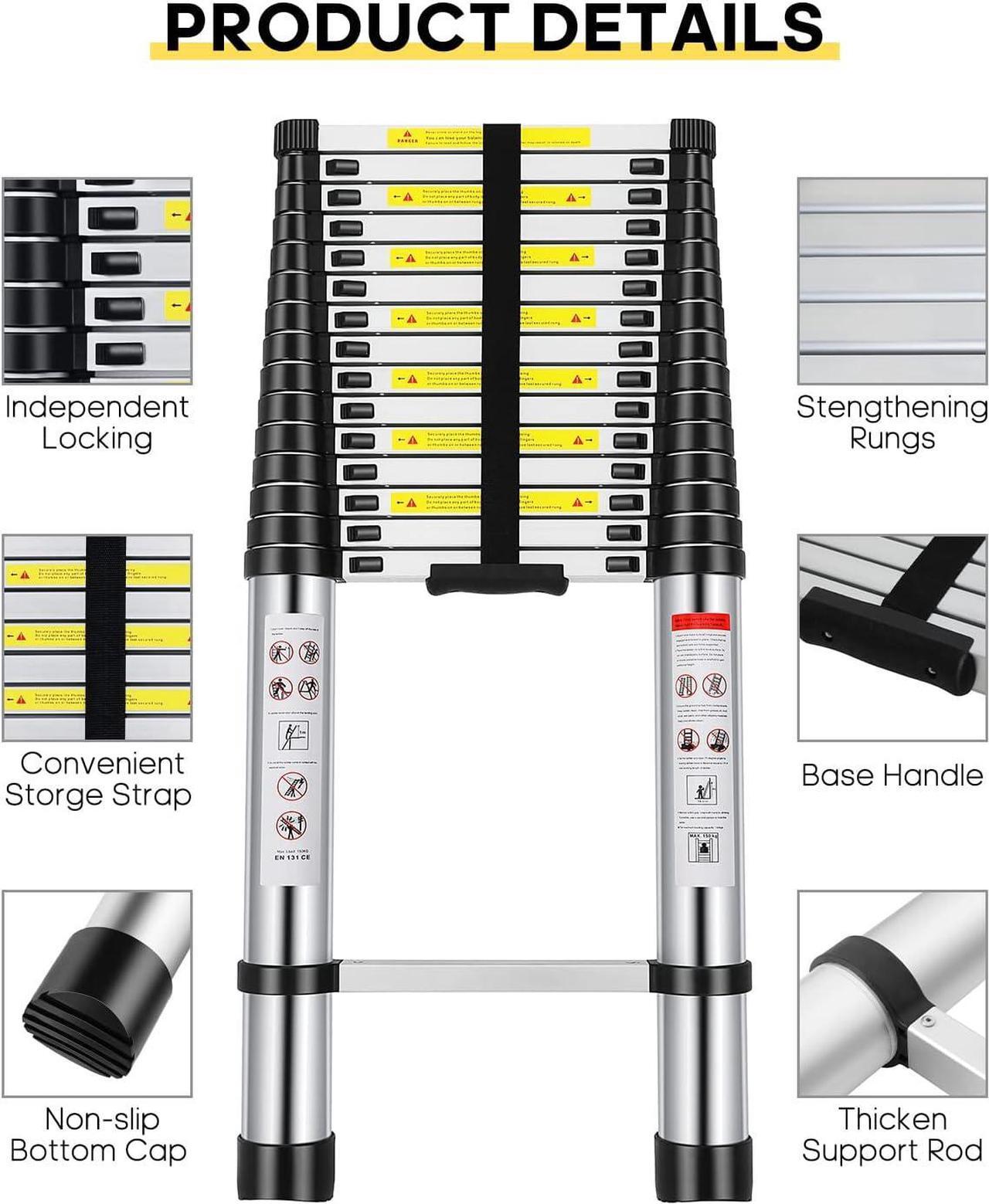 Alt view image 3 of 6 - Telescoping Ladder, 20.3 FT Aluminum Extension Ladder with 2 Replacement of Non-Slip Rubber Cover, 330 lbs Load Capacity, Telescopic Ladder Portable Collapsible RV Ladder for Indoor Outdoor