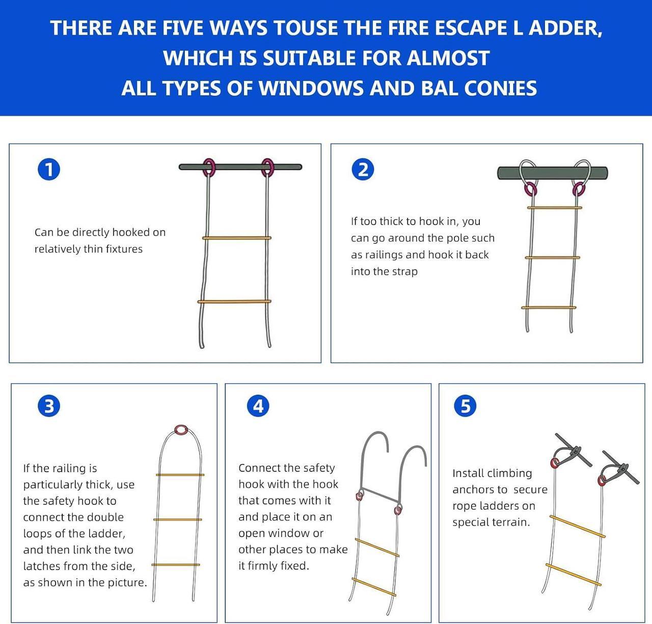 Alt view image 5 of 7 - Rope Ladder,49.2 Feet Emergency Fire Escape Ladder Flame Resistant,Safety Balcony Fire Ladder with Hooks,Fast to Deploy Portable and Reusable 5 Story,Weight Capacity up to 2000 Pounds