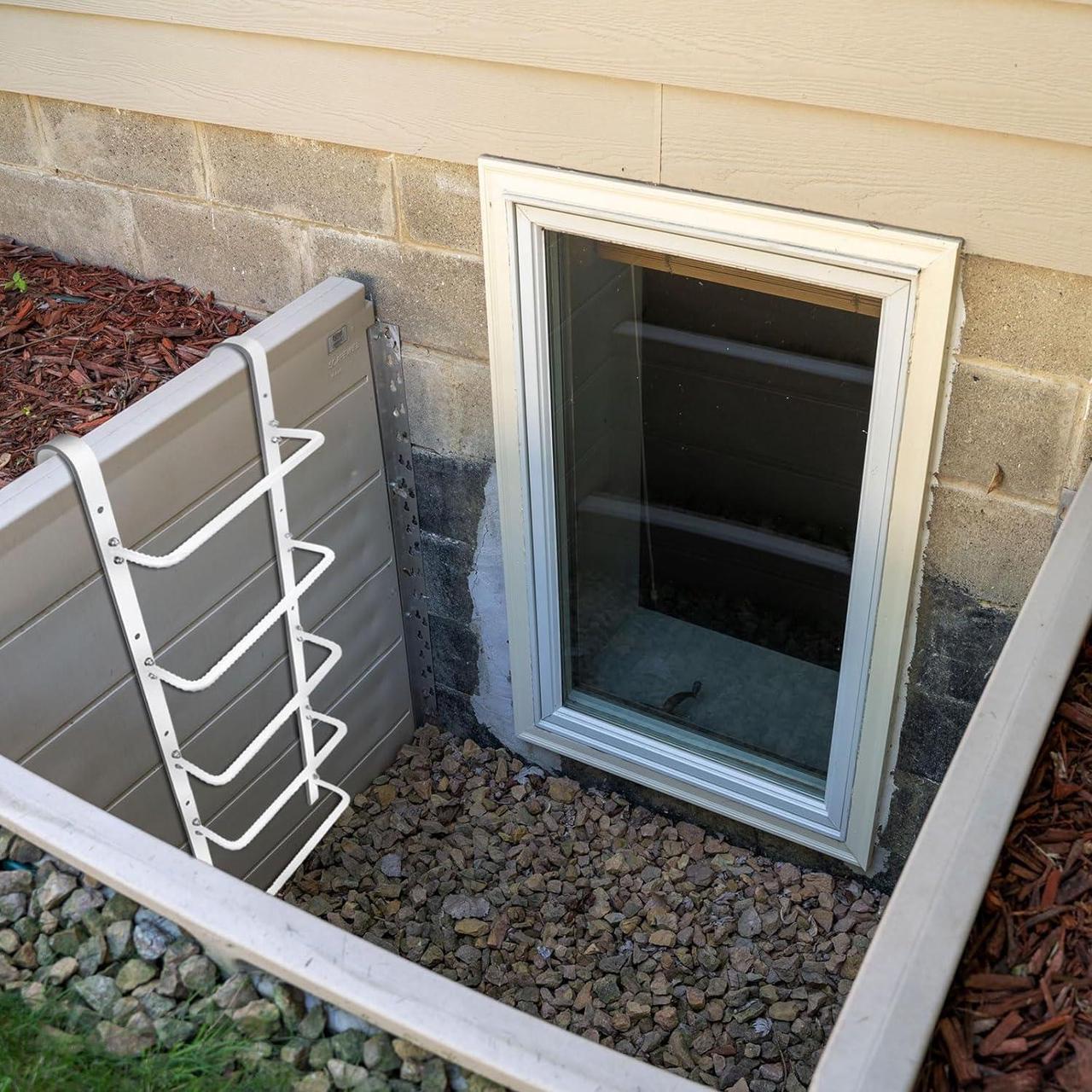 Alt view image 4 of 7 - 5-Rung Window Well Ladder Hooked, Heavy Duty Steel Fire Escape Ladder, Powder-Coated Basement Egress Window Ladder Wall Mounted Ladder 56.2" Lx17.9 W, White