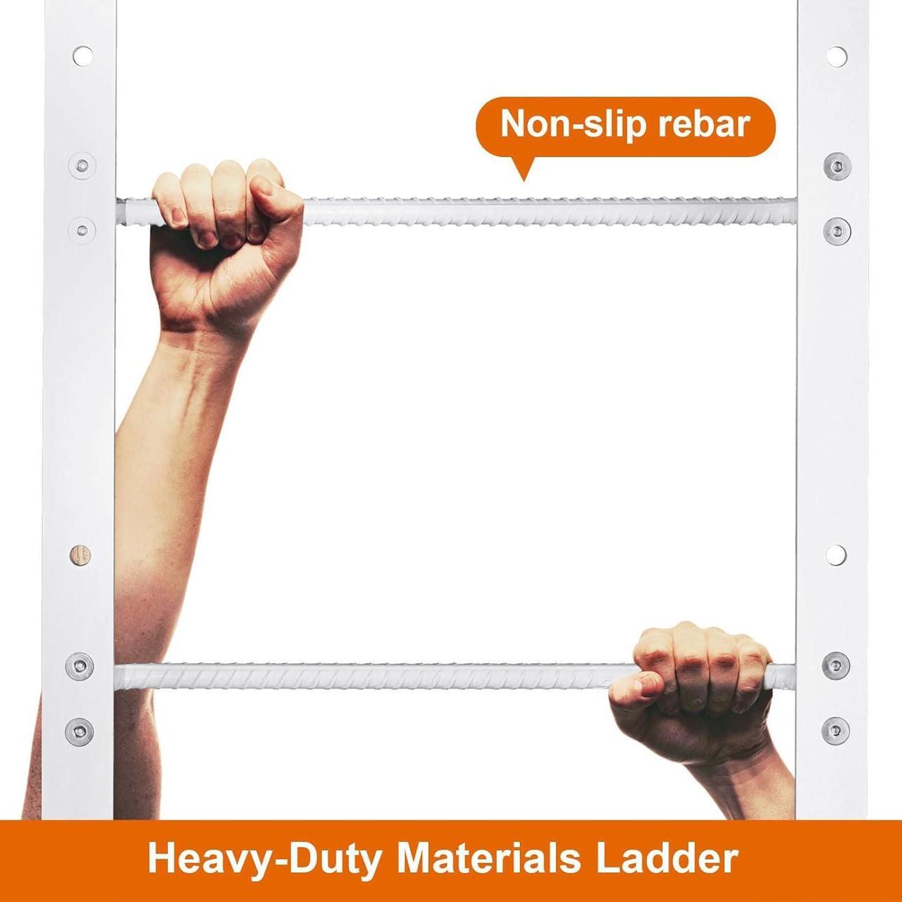 Alt view image 6 of 7 - 5-Rung Window Well Ladder Hooked, Heavy Duty Steel Fire Escape Ladder, Powder-Coated Basement Egress Window Ladder Wall Mounted Ladder 56.2" Lx17.9 W, White