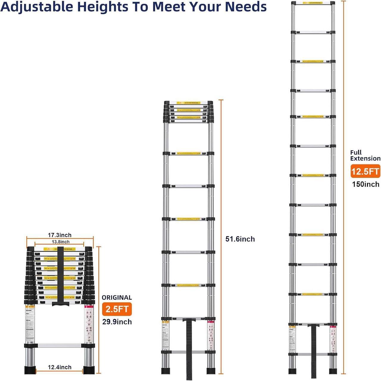 Alt view image 2 of 7 - 12.5FT Telescoping Ladder- Multi-Purpose Aluminum Extension Ladder Adjustable Compact Ladder for Household, RV, Outdoor, 330lbs Max Capacity