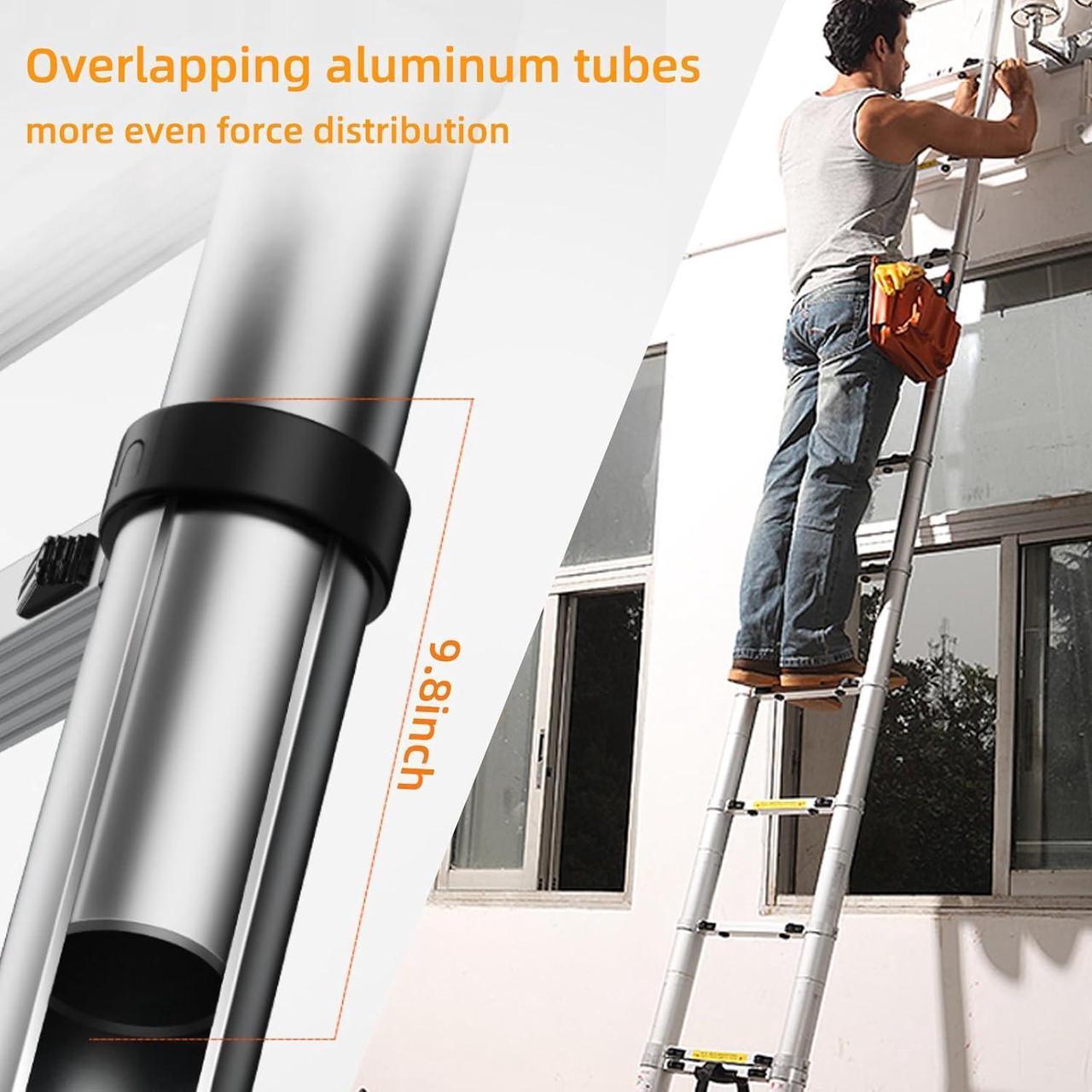 Alt view image 4 of 7 - 12.5FT Telescoping Ladder- Multi-Purpose Aluminum Extension Ladder Adjustable Compact Ladder for Household, RV, Outdoor, 330lbs Max Capacity