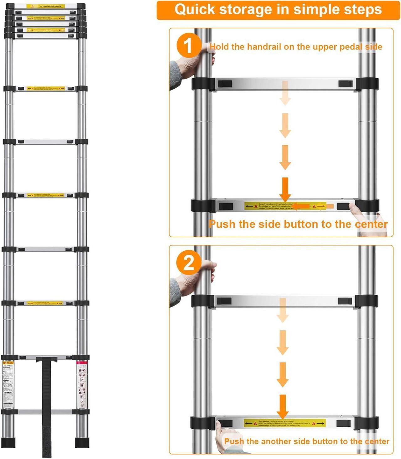 Alt view image 5 of 7 - 12.5FT Telescoping Ladder- Multi-Purpose Aluminum Extension Ladder Adjustable Compact Ladder for Household, RV, Outdoor, 330lbs Max Capacity
